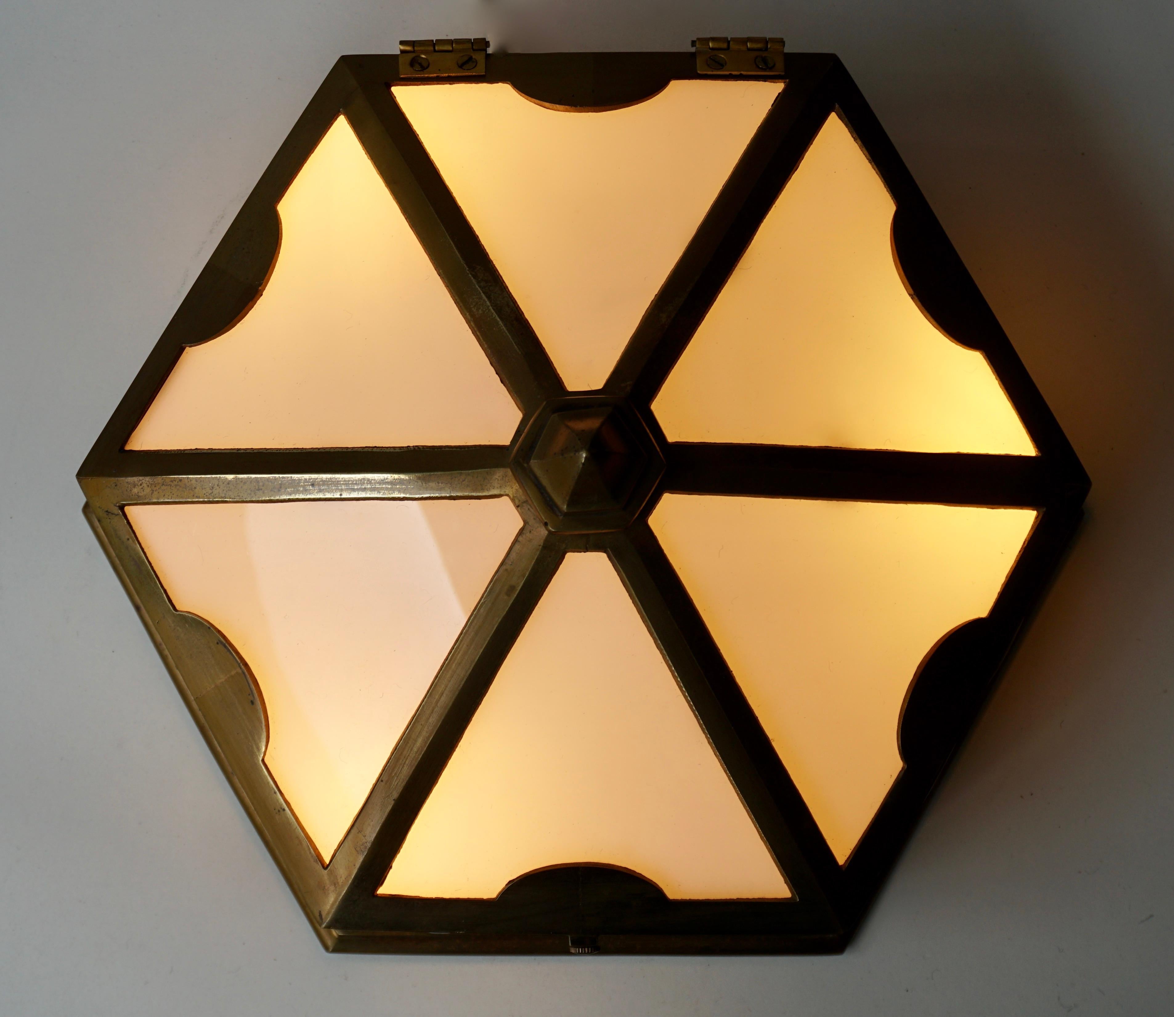 One of Two Single Art Deco Hexagonal Bronze and Plexiglass Flush Mount, Belgium For Sale 1