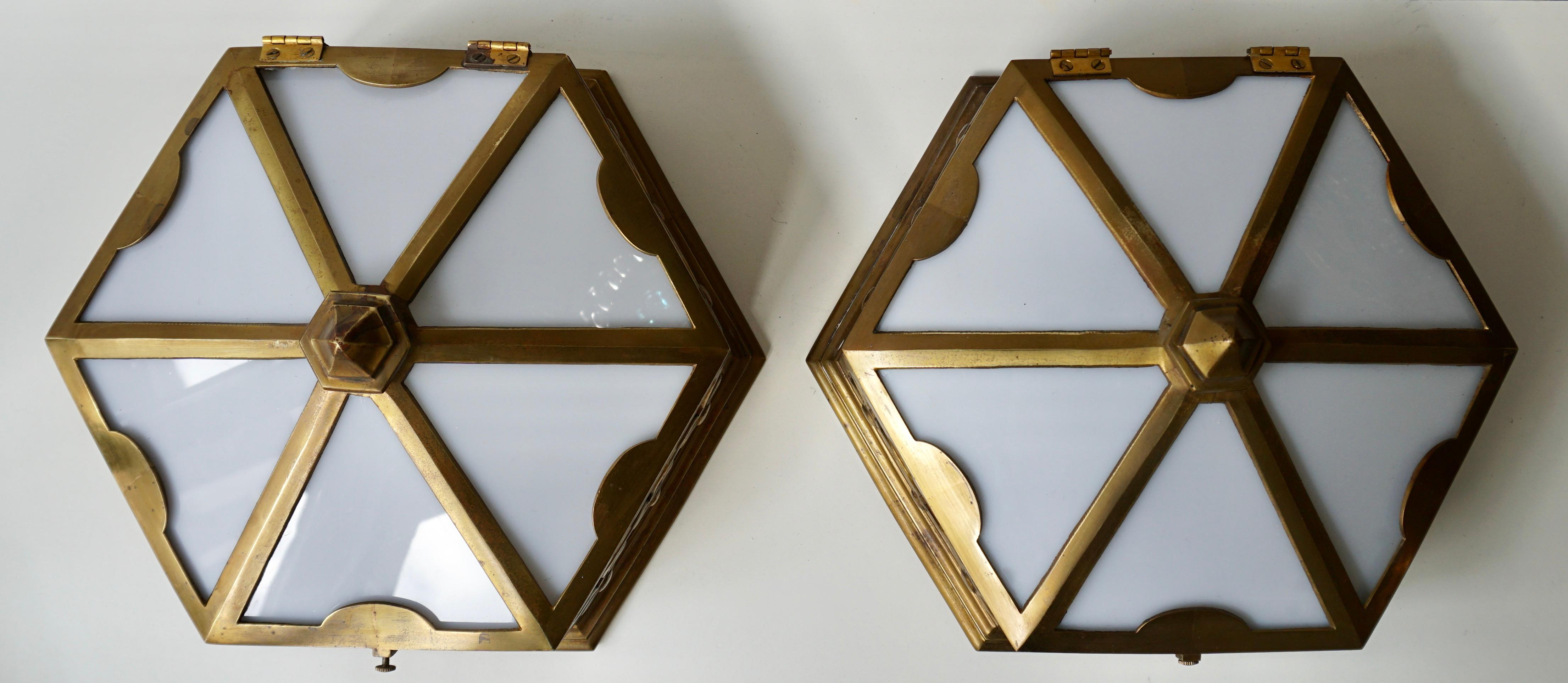 One of Two Single Art Deco Hexagonal Bronze and Plexiglass Flush Mount, Belgium For Sale 2