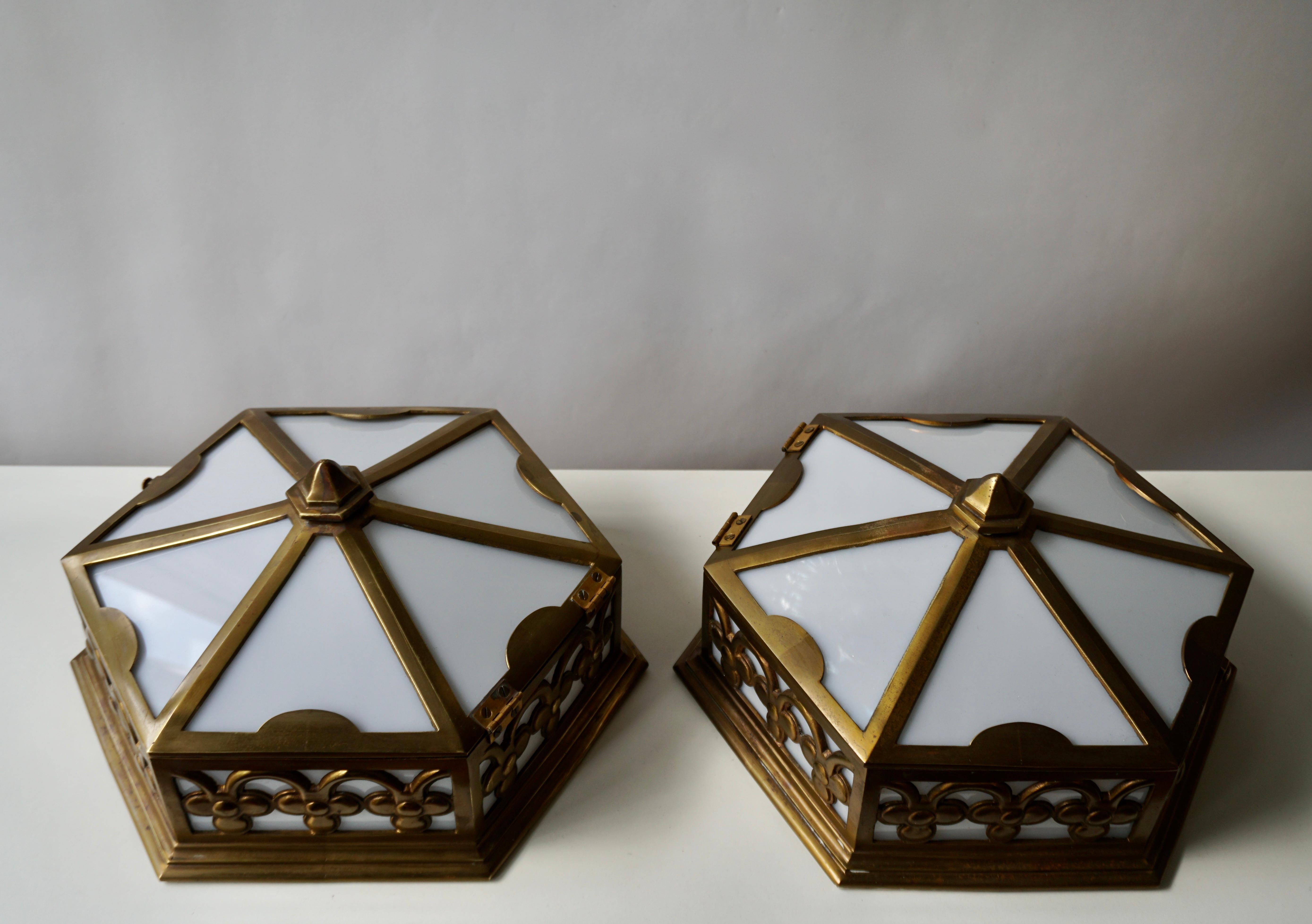 One of Two Single Art Deco Hexagonal Bronze and Plexiglass Flush Mount, Belgium For Sale 3