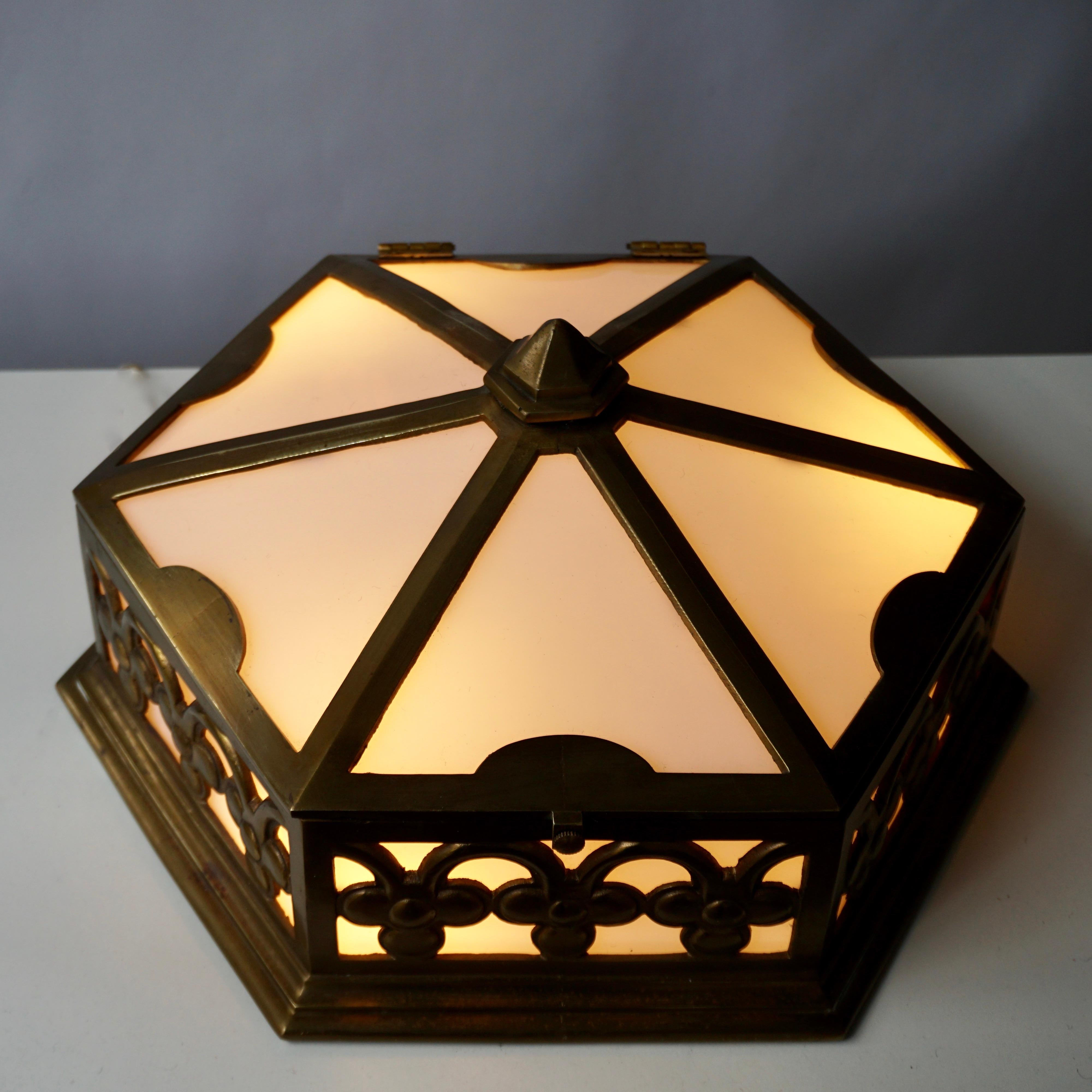 One of Two Single Art Deco Hexagonal Bronze and Plexiglass Flush Mount, Belgium For Sale 4