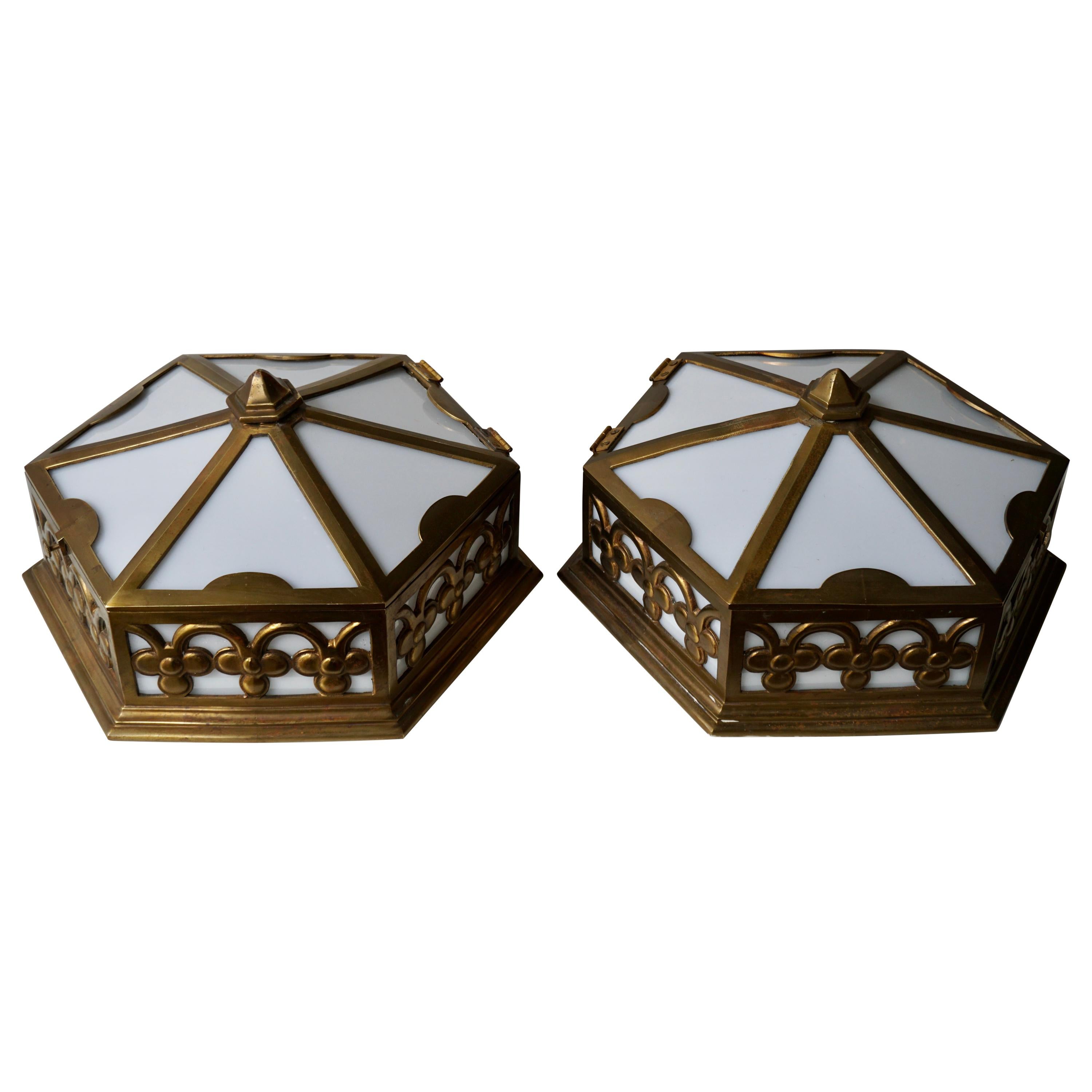 One of Two Single Art Deco Hexagonal Bronze and Plexiglass Flush Mount, Belgium For Sale