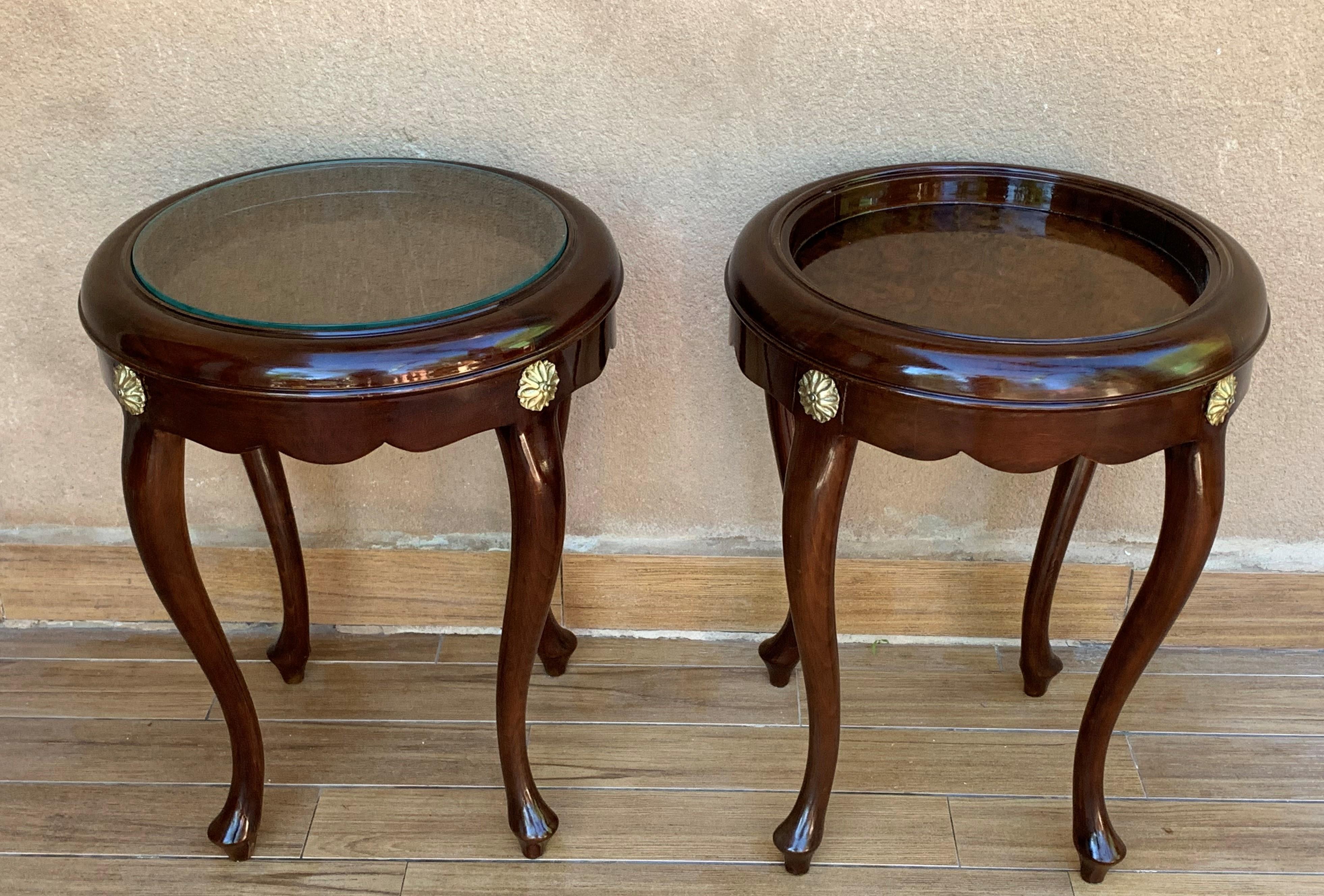 Glass Pair or Single French Mahogany and Burl Low Side or Coffee Tables For Sale