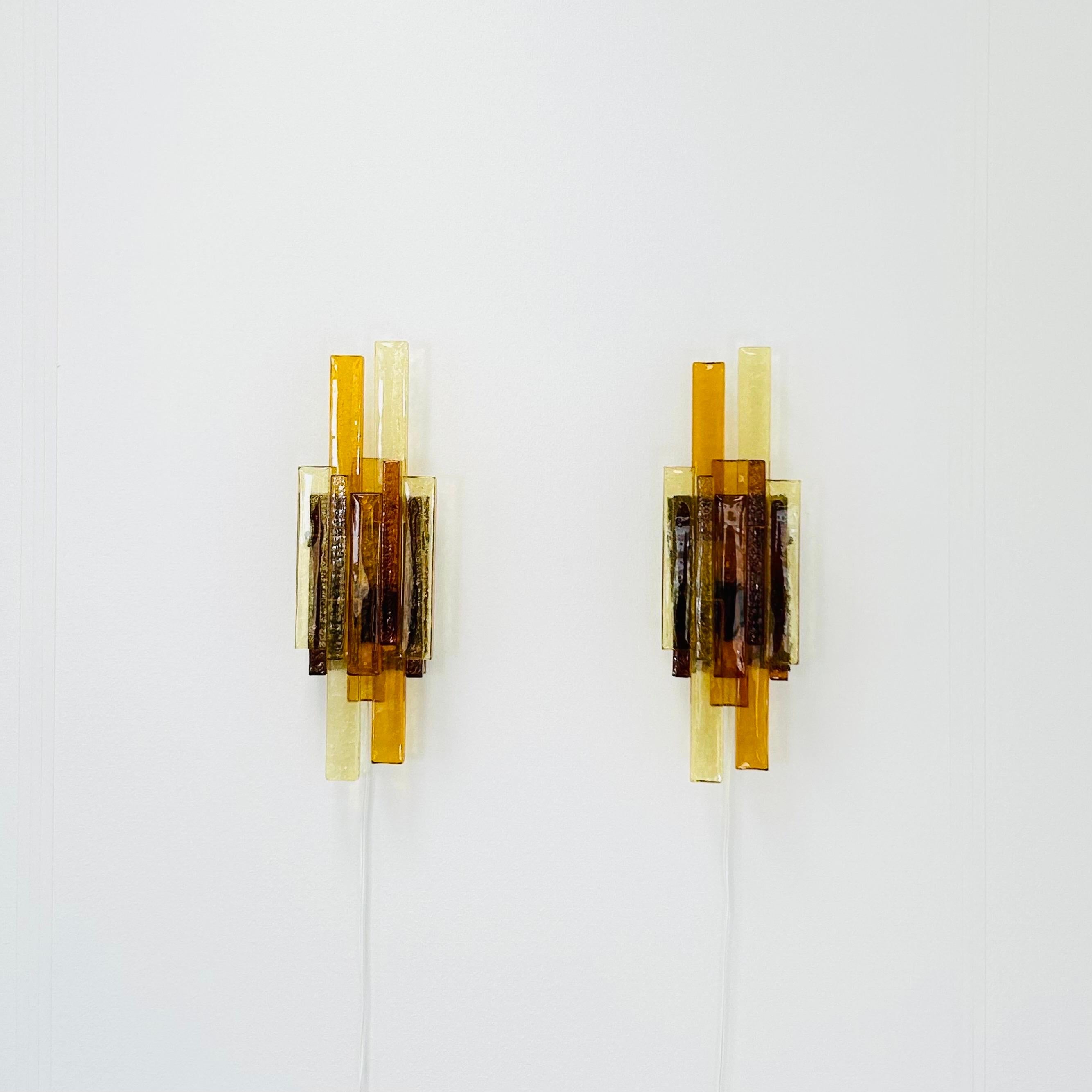 Danish Pair of Yellow and Amber Glass Wall Lamps by Holm Sørensen, 1960s, Denmark For Sale