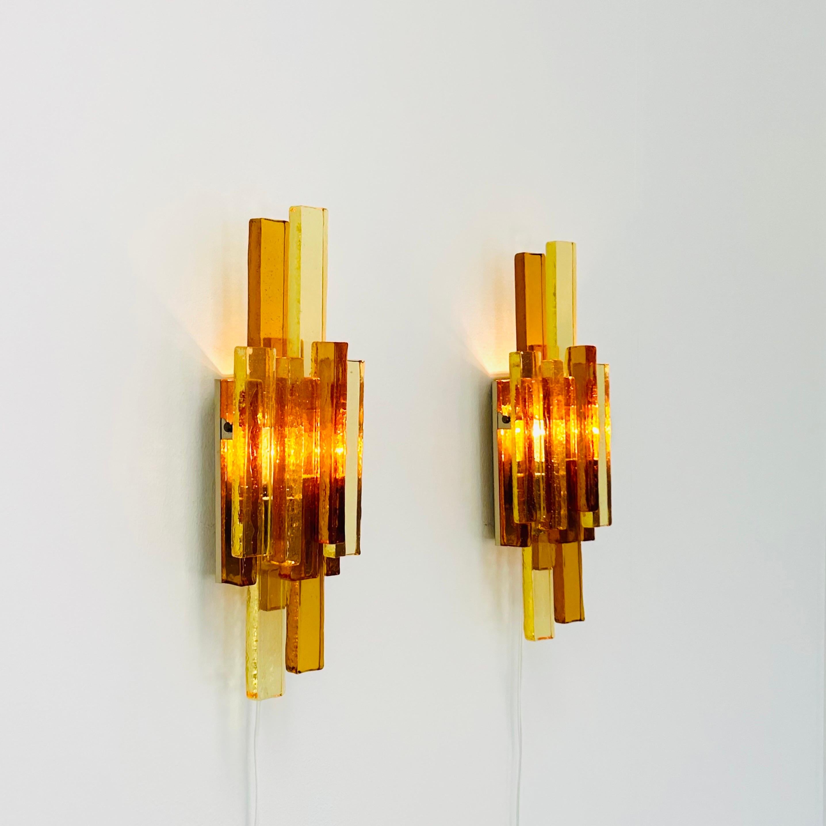 Mid-20th Century Pair of Yellow and Amber Glass Wall Lamps by Holm Sørensen, 1960s, Denmark For Sale