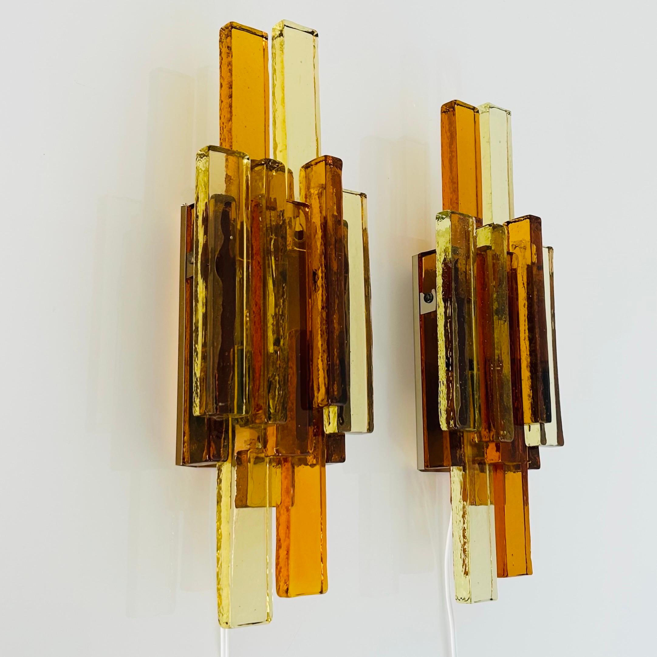 Metal Pair of Yellow and Amber Glass Wall Lamps by Holm Sørensen, 1960s, Denmark For Sale