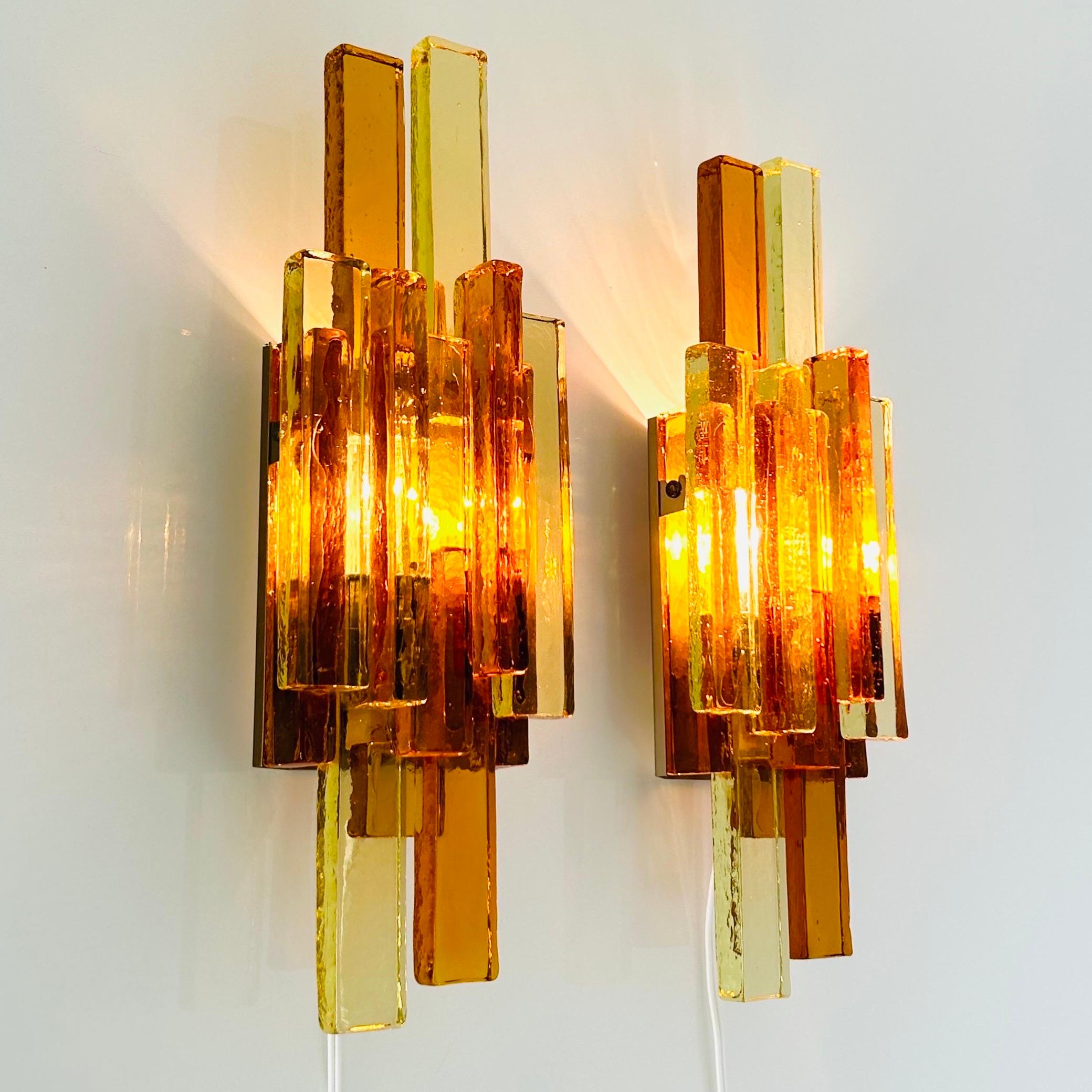 Metal Pair of Yellow and Amber Glass Wall Lamps by Holm Sørensen, 1960s, Denmark For Sale