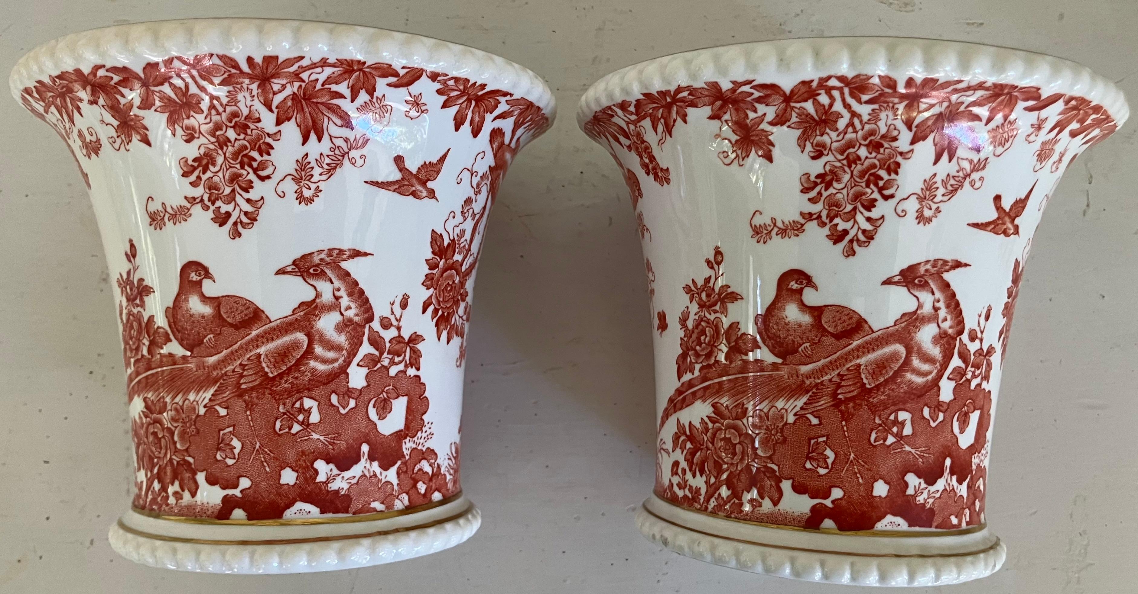 Pair orange and white bird vases. Vintage flared vases with transferware design featuring birds such as pheasants, doves, and songbirds among detailed floral and foliage motifs, with beaded base and gilt beaded rim. Underglaze markings for Royal