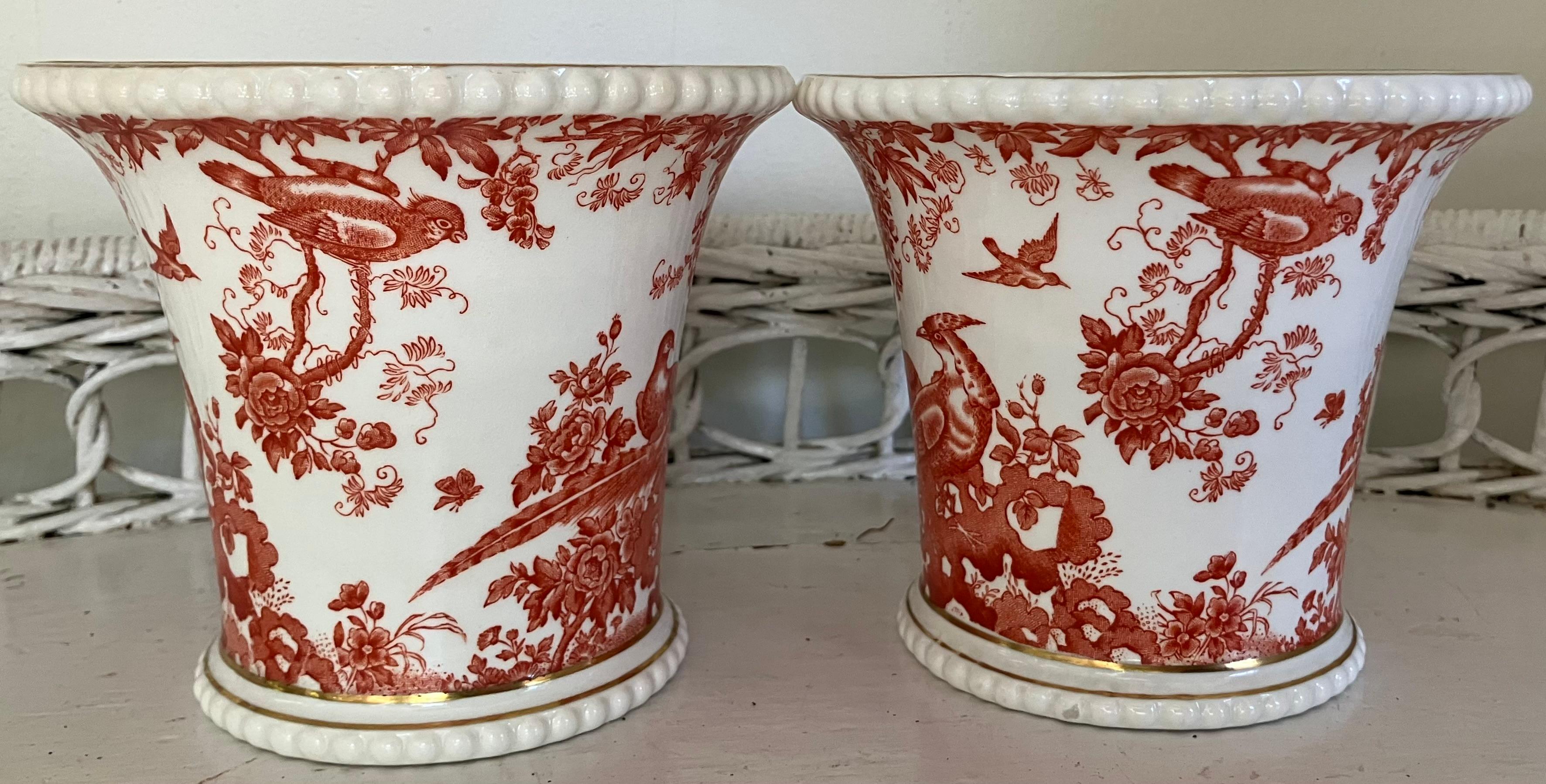 English Pair Orange and White Bird Vases For Sale