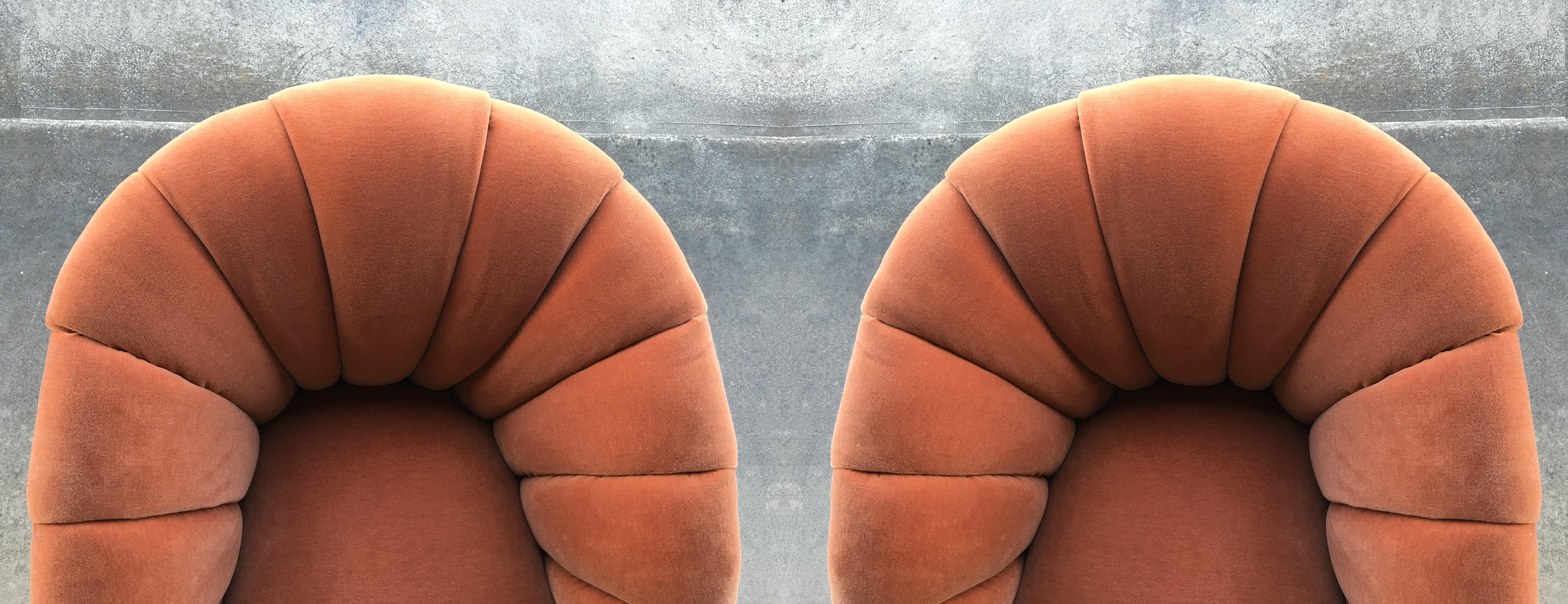 Mid-Century Modern Pair of Orange Vladimir Kagan Design Channel Back Swivel Chairs For Sale