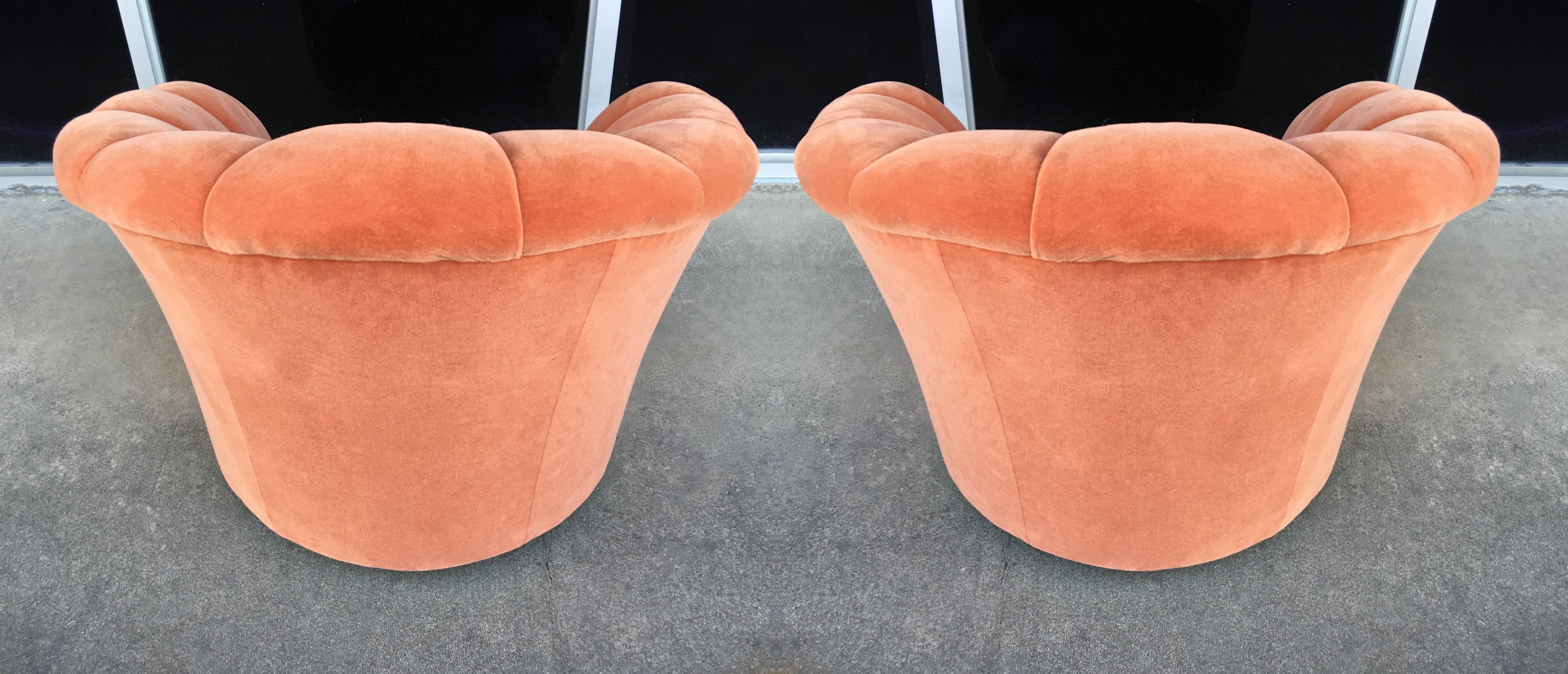 Pair of Orange Vladimir Kagan Design Channel Back Swivel Chairs In Good Condition For Sale In Dallas, TX