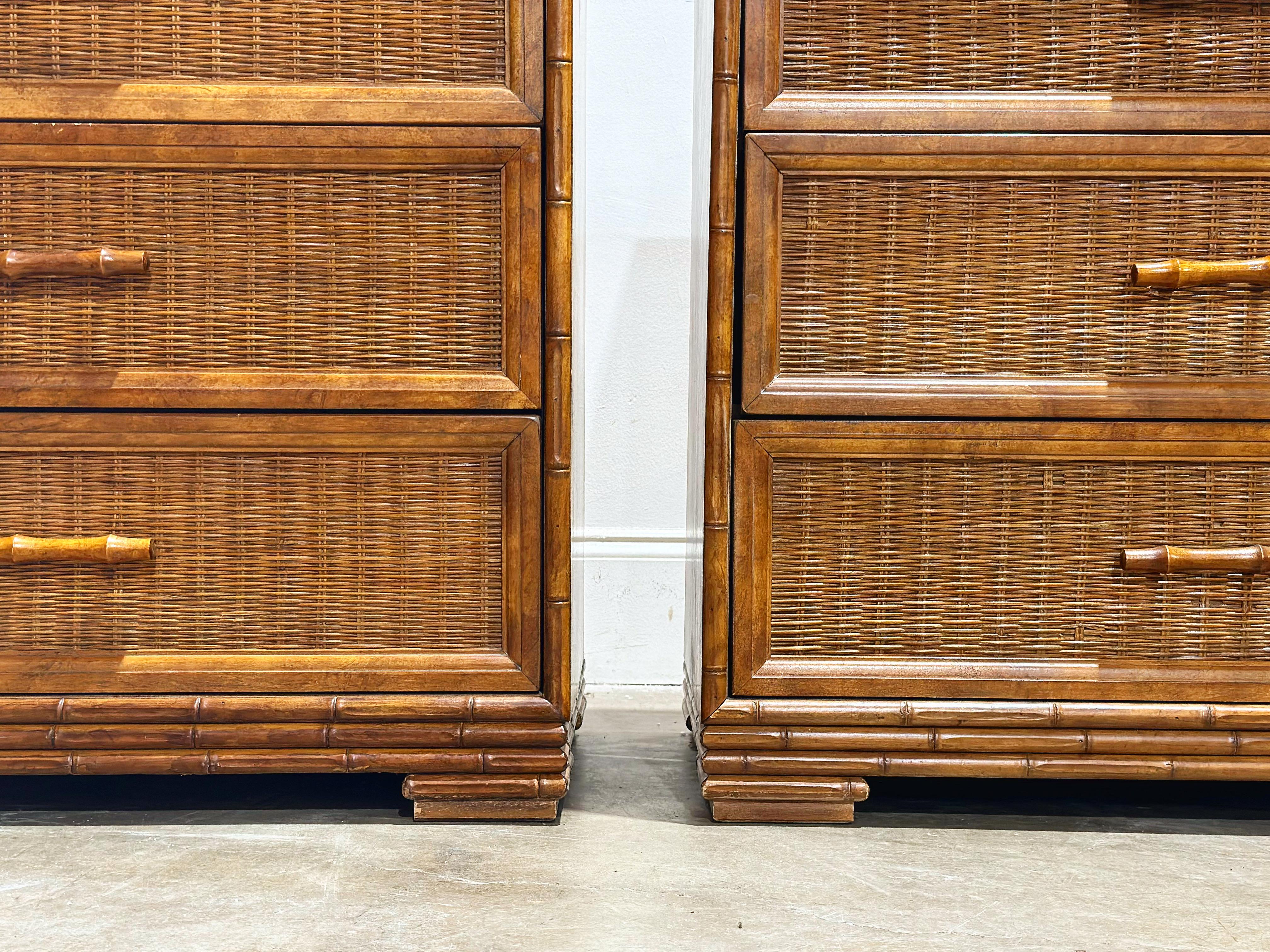 Pair of vintage organic modern bachelors chests/nightstands in rattan, birch and woven cane. Produced in the mid-1970s by American of Martinsville. Well-built with quality materials and stellar American craftsmanship.
Excellent overall condition -