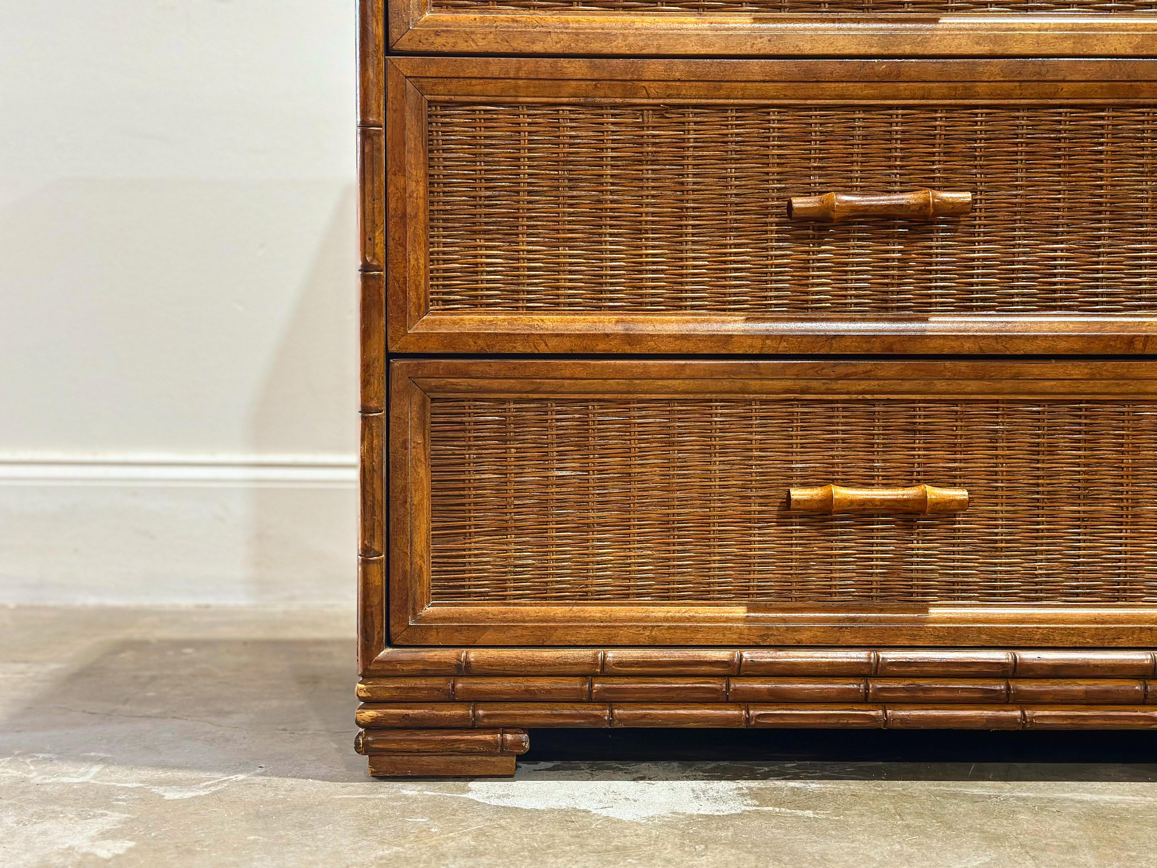 Pair Organic Modern Bachelors Chests Nightstands - Rattan + Birch - circa 1970s In Good Condition In Decatur, GA
