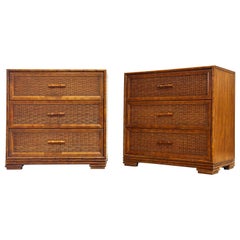 Pair Organic Modern Bachelors Chests Nightstands - Rattan + Birch - circa 1970s