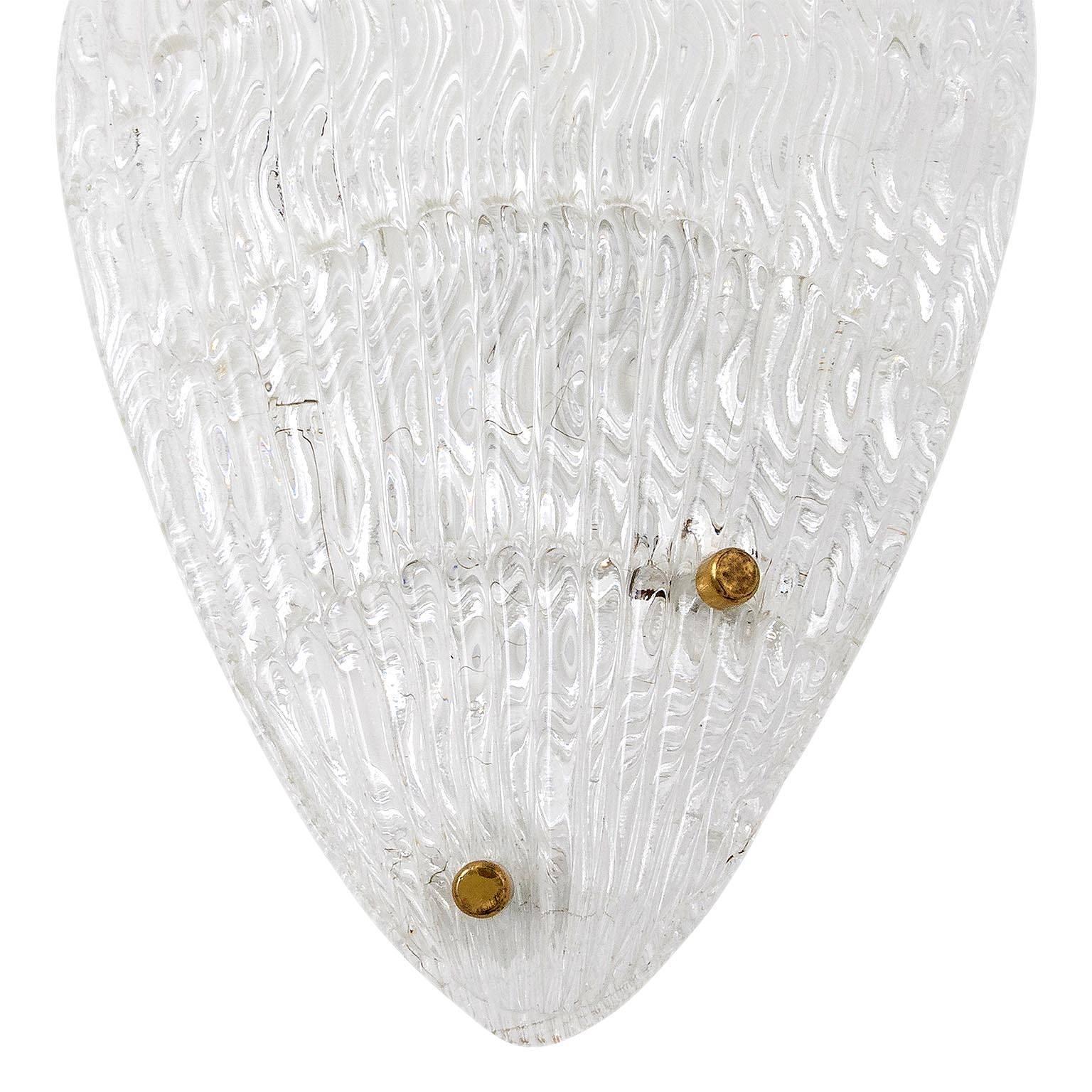 Pair Organic Shell Textured Glass Brass Sconces Wall Lights, Rupert Nikoll, 1950 For Sale 2