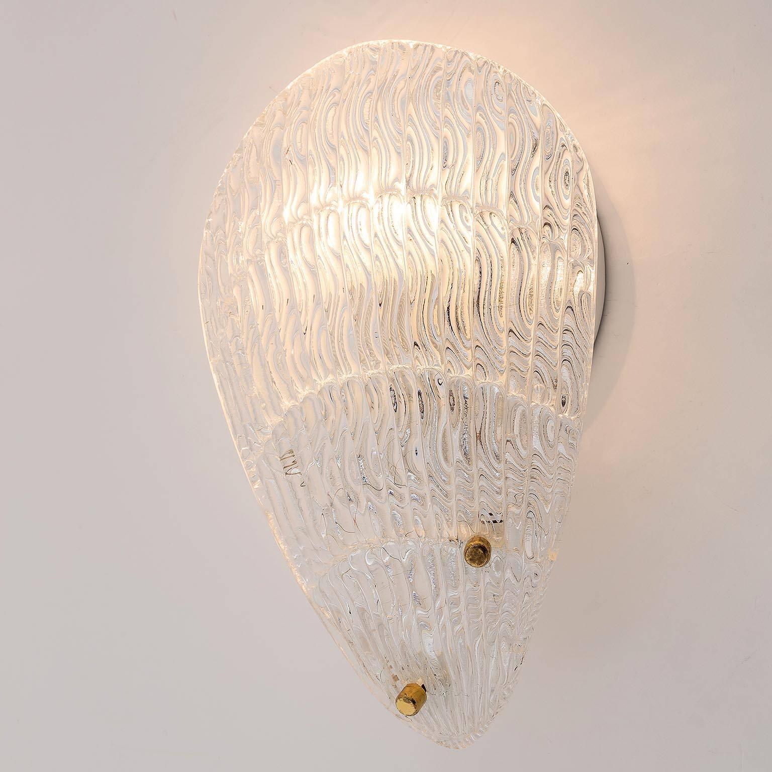 Mid-20th Century Pair Organic Shell Textured Glass Brass Sconces Wall Lights, Rupert Nikoll, 1950 For Sale