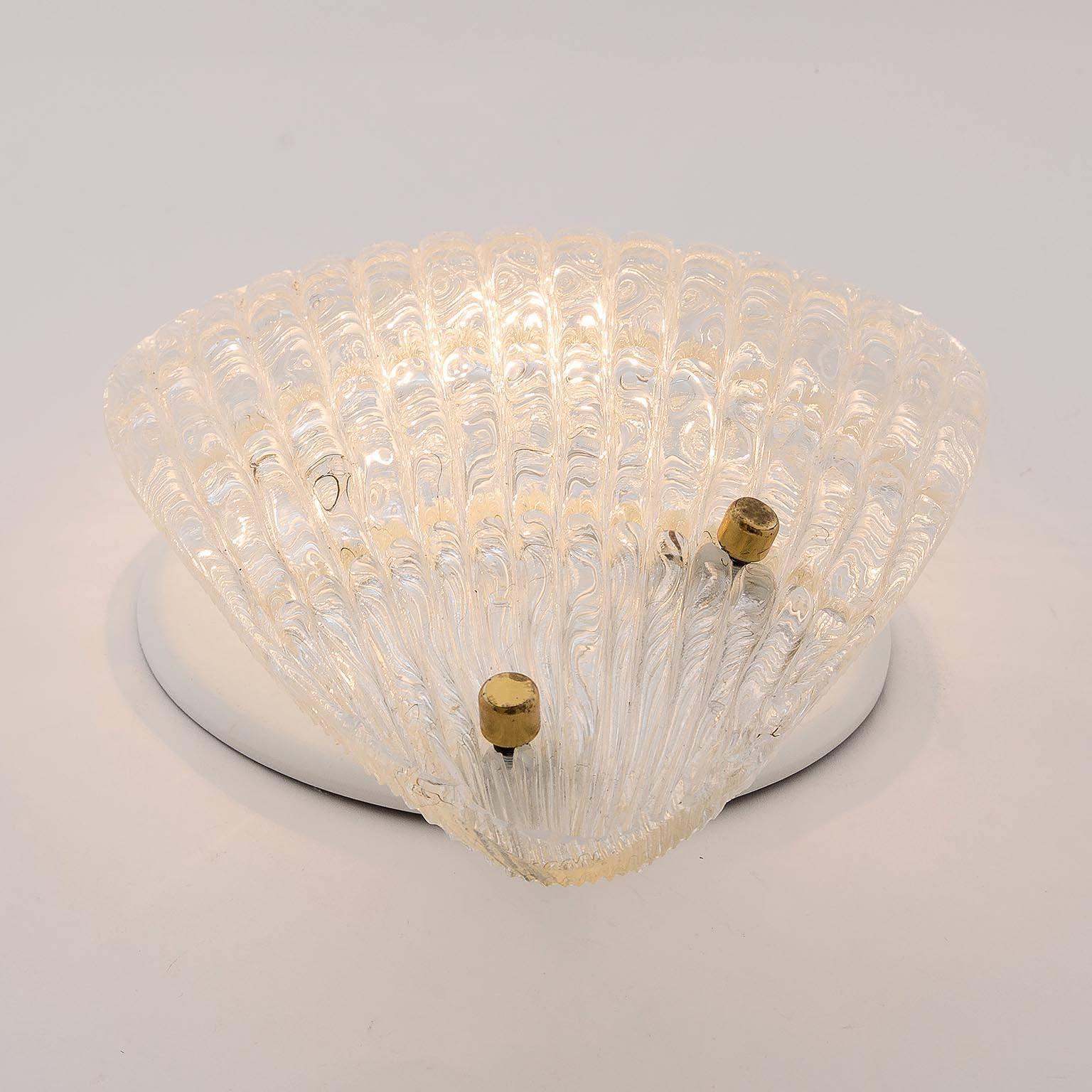 Metal Pair Organic Shell Textured Glass Brass Sconces Wall Lights, Rupert Nikoll, 1950 For Sale