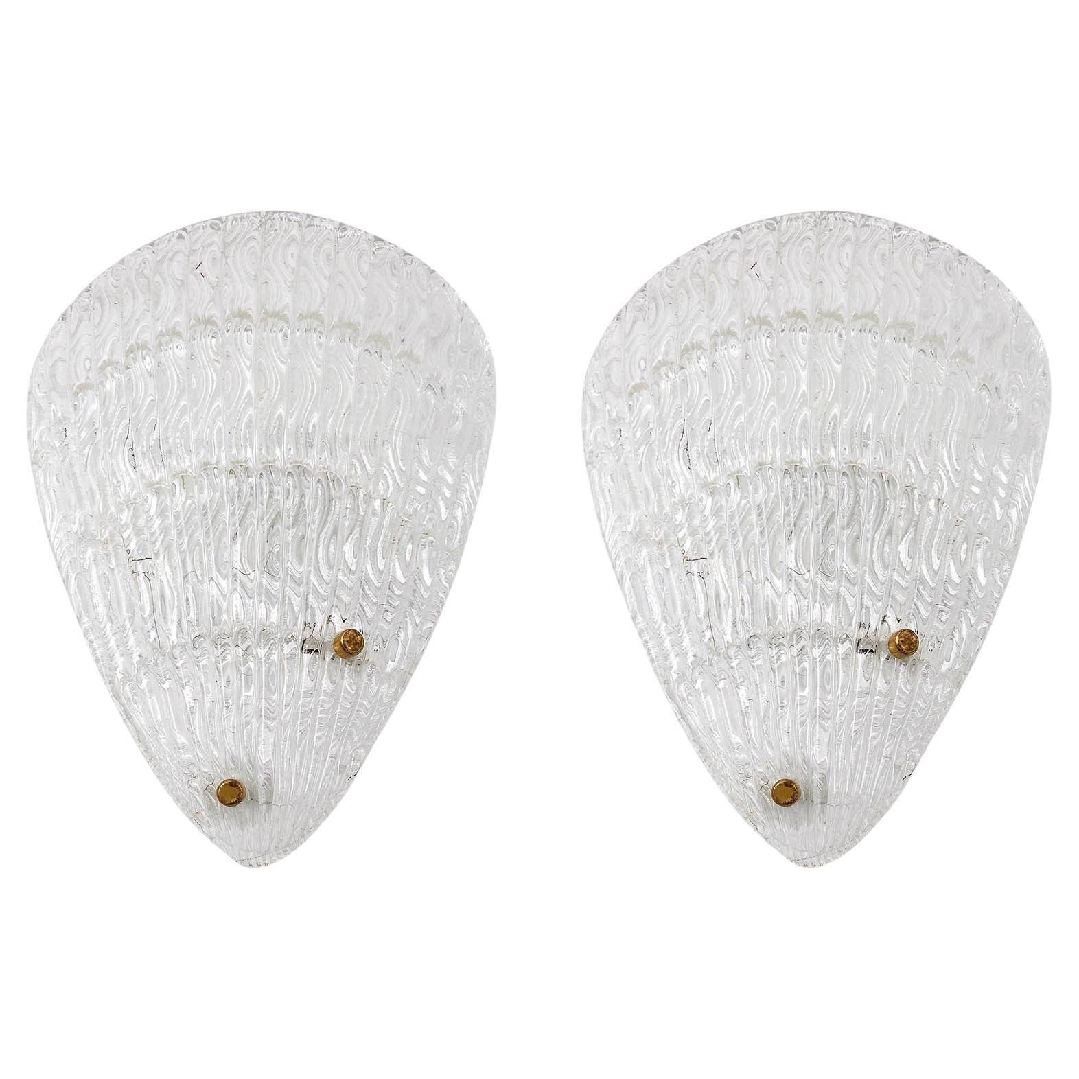 Pair Organic Shell Textured Glass Brass Sconces Wall Lights, Rupert Nikoll, 1950