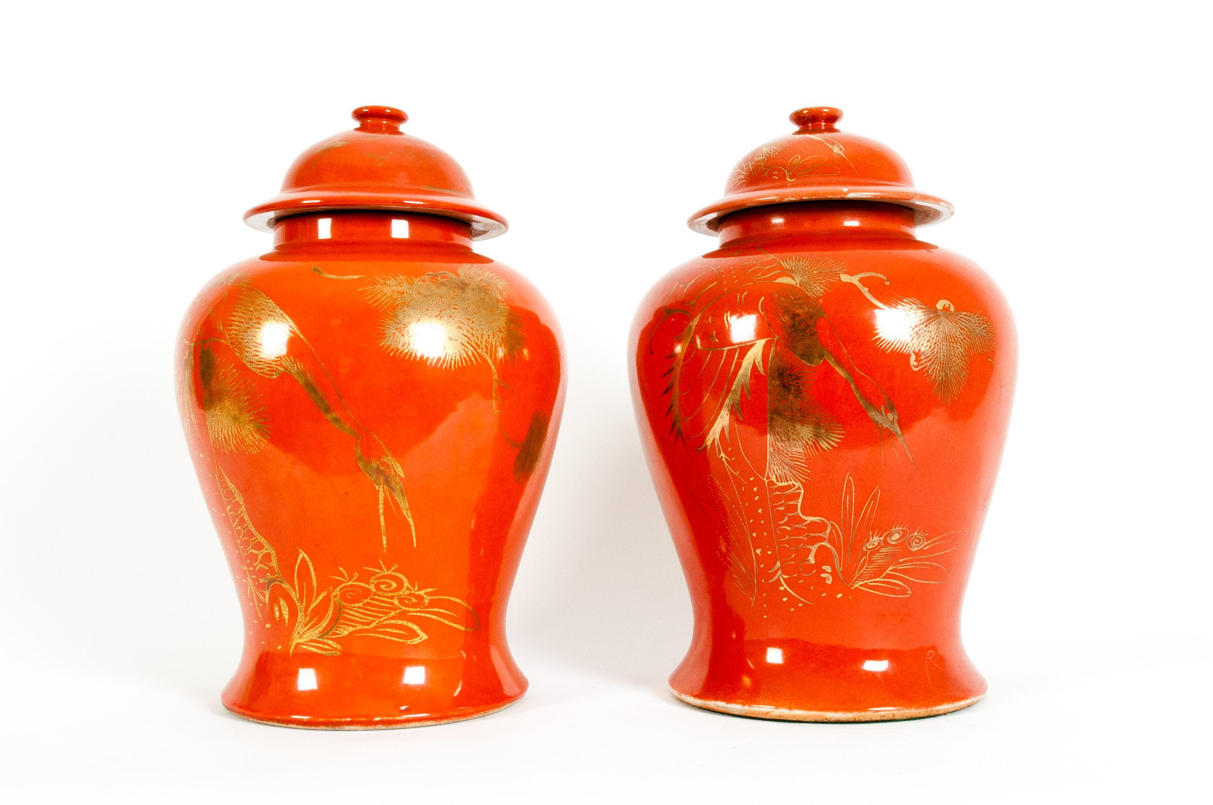 Pair  Oriental Porcelain Decorative Covered Urns 3