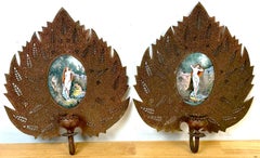 Pair Orientalist Bronze Palmette Candle Sconces Limoges Enamel Bather Plaques