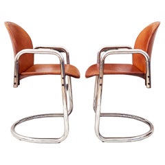 PAIR Original 70s Brown Leather Afra & Tobia Scarpa B&B Italia 'Dialogo' Chairs