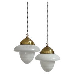 Pair Original Antique Acorn Opaline Milk Glass Ceiling Pendants Lights Lamps