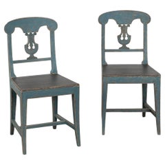 Pair, Original Blue Painted Pine Swedish Side Chairs, circa 1840-60