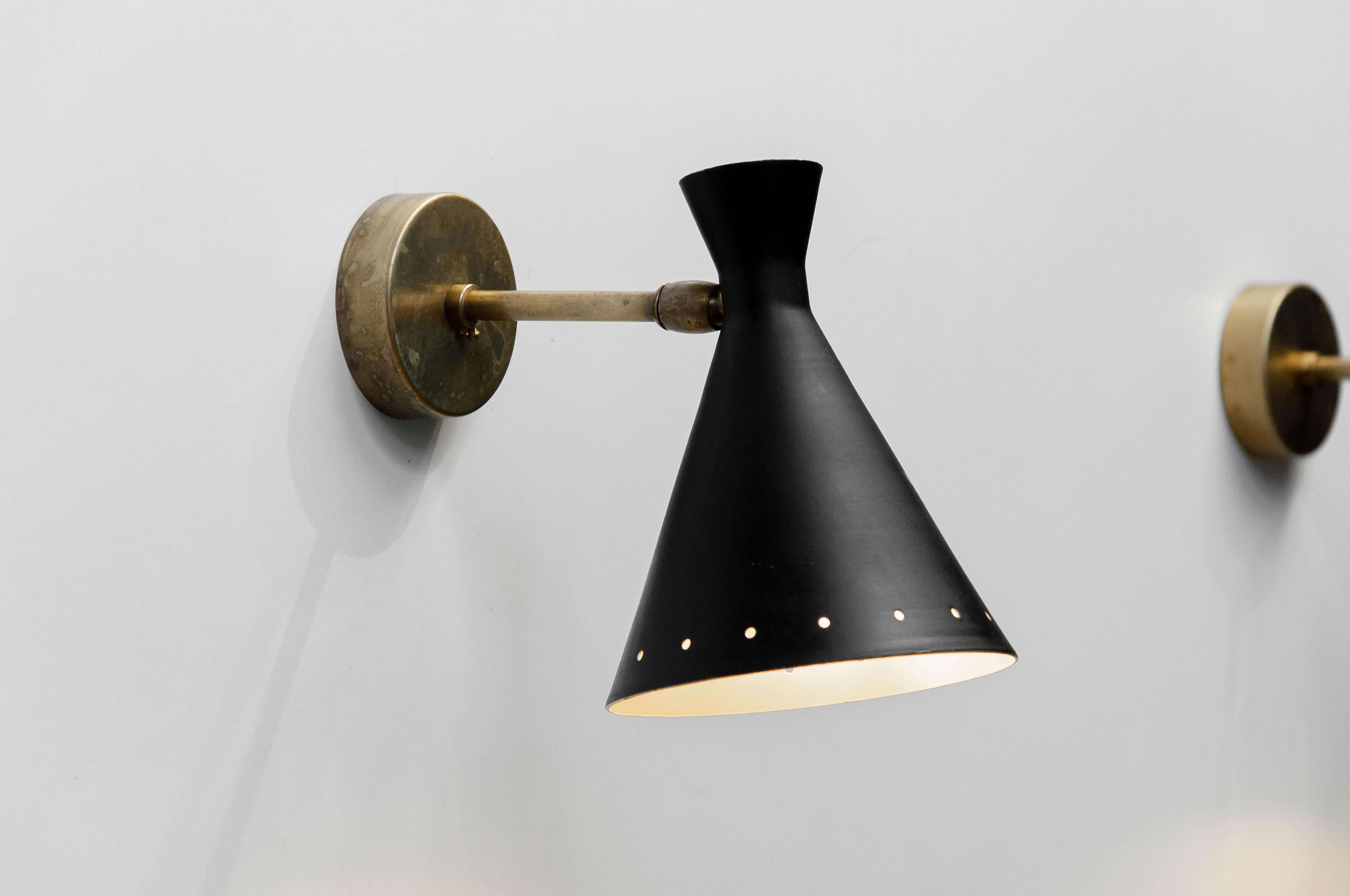 Mid-Century Modern Pair Original Italian Black Brass Wall Lights Attributed To Stilnovo Italy 1950s