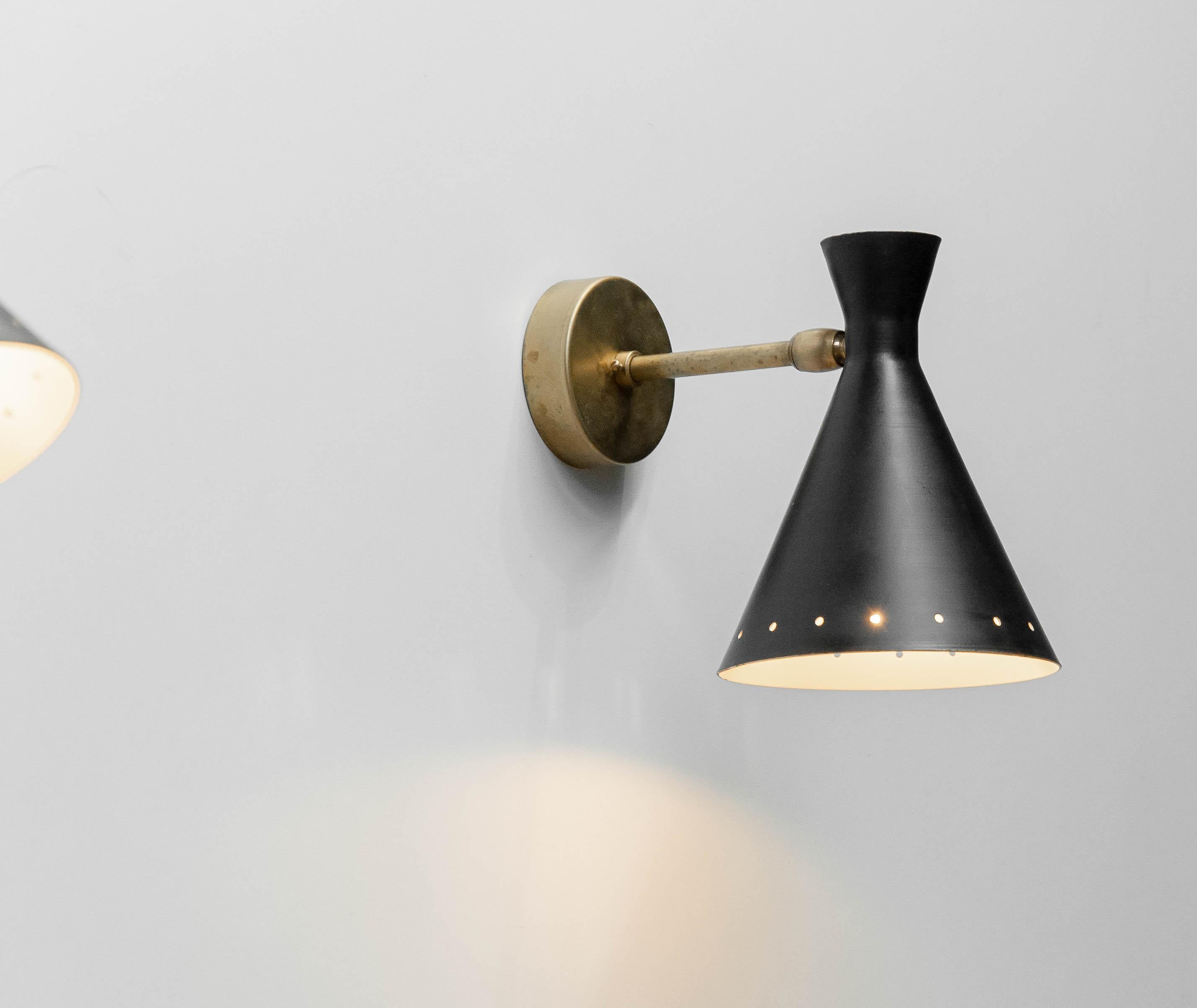 20th Century Pair Original Italian Black Brass Wall Lights Attributed To Stilnovo Italy 1950s
