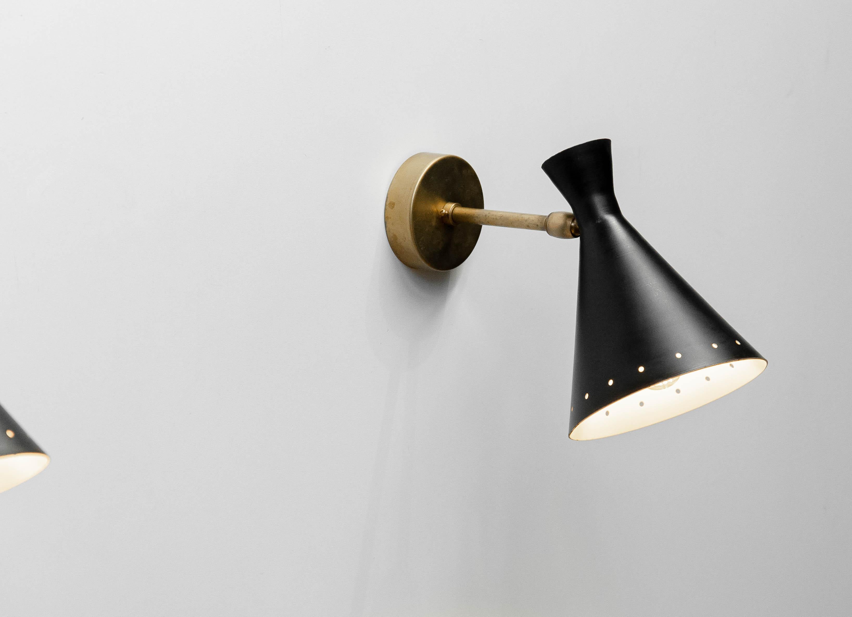 Aluminum Pair Original Italian Black Brass Wall Lights Attributed To Stilnovo Italy 1950s