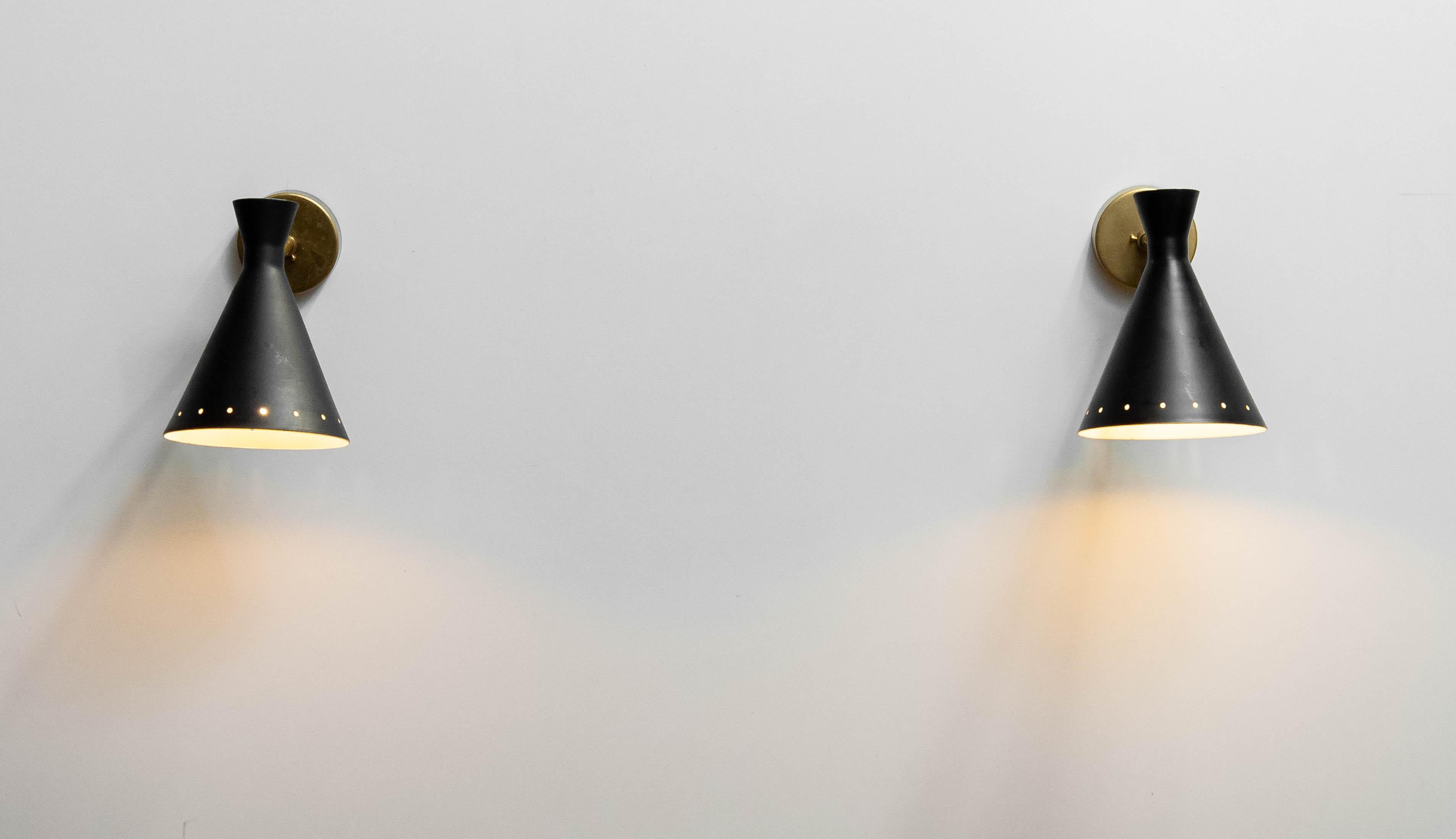 Pair Original Italian Black Brass Wall Lights Attributed To Stilnovo Italy 1950s 1