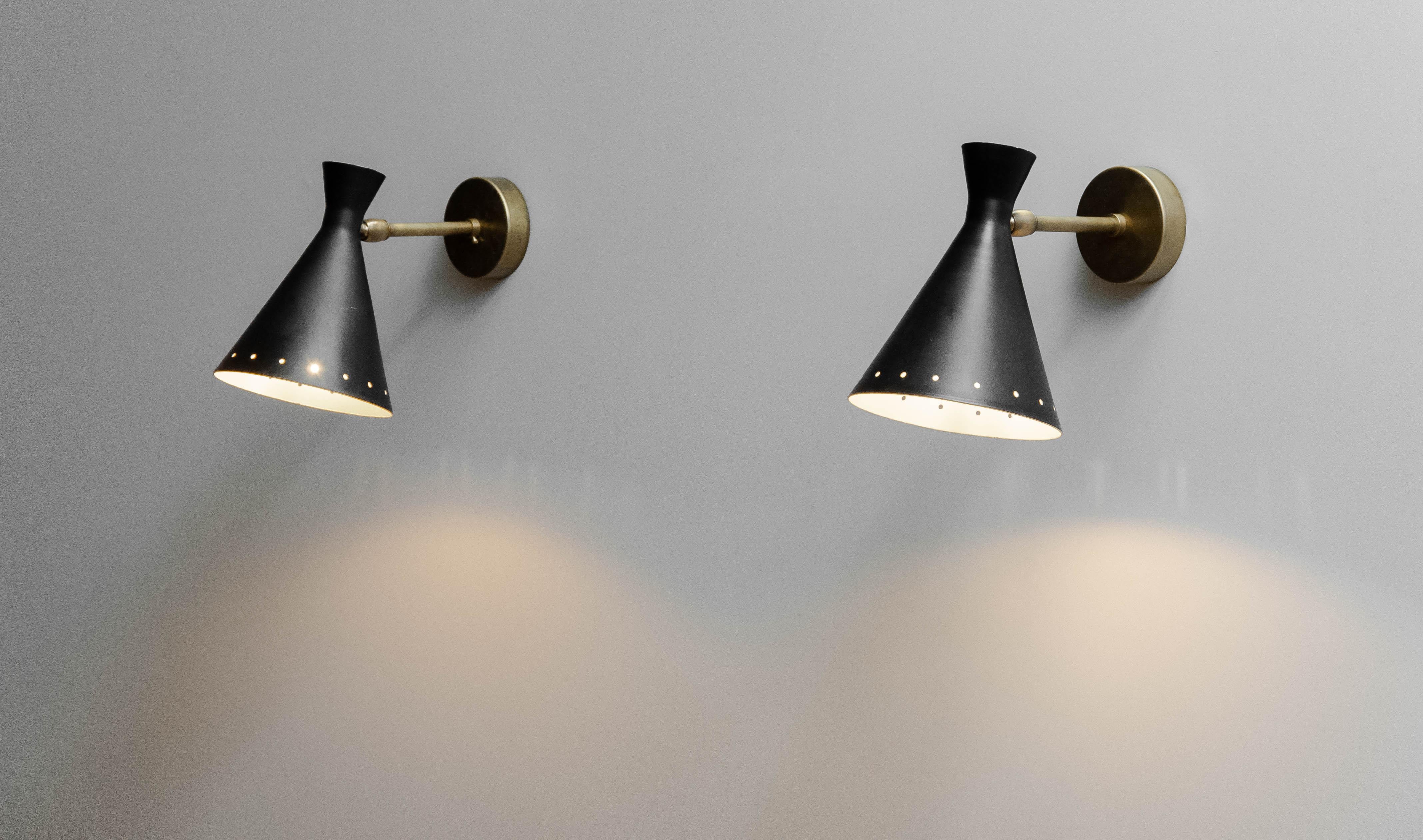 Pair Original Italian Black Brass Wall Lights Attributed To Stilnovo Italy 1950s 3