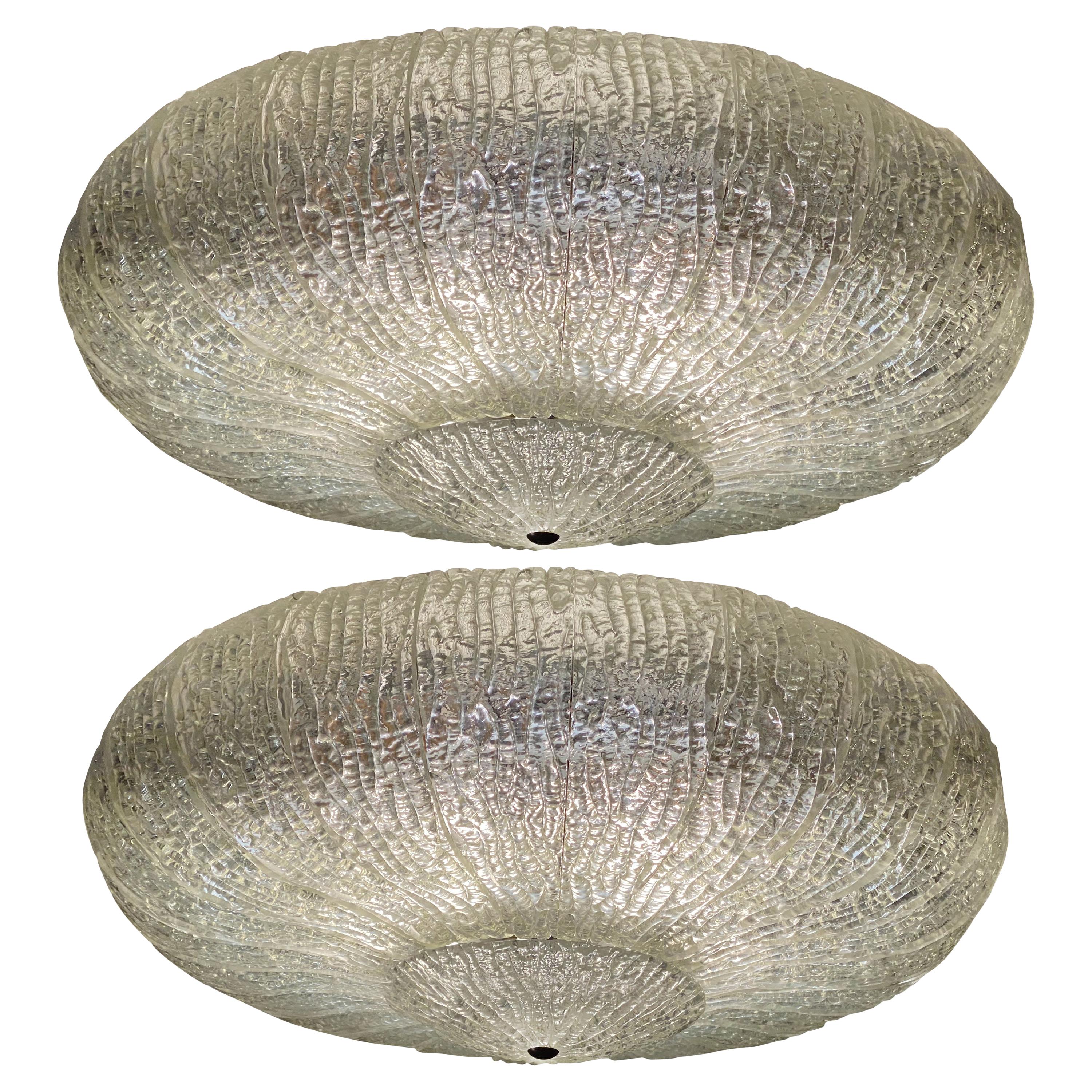 Pair Original Large Ceiling Flush Mount Lights by Barovier & Toso, Murano, 1940s