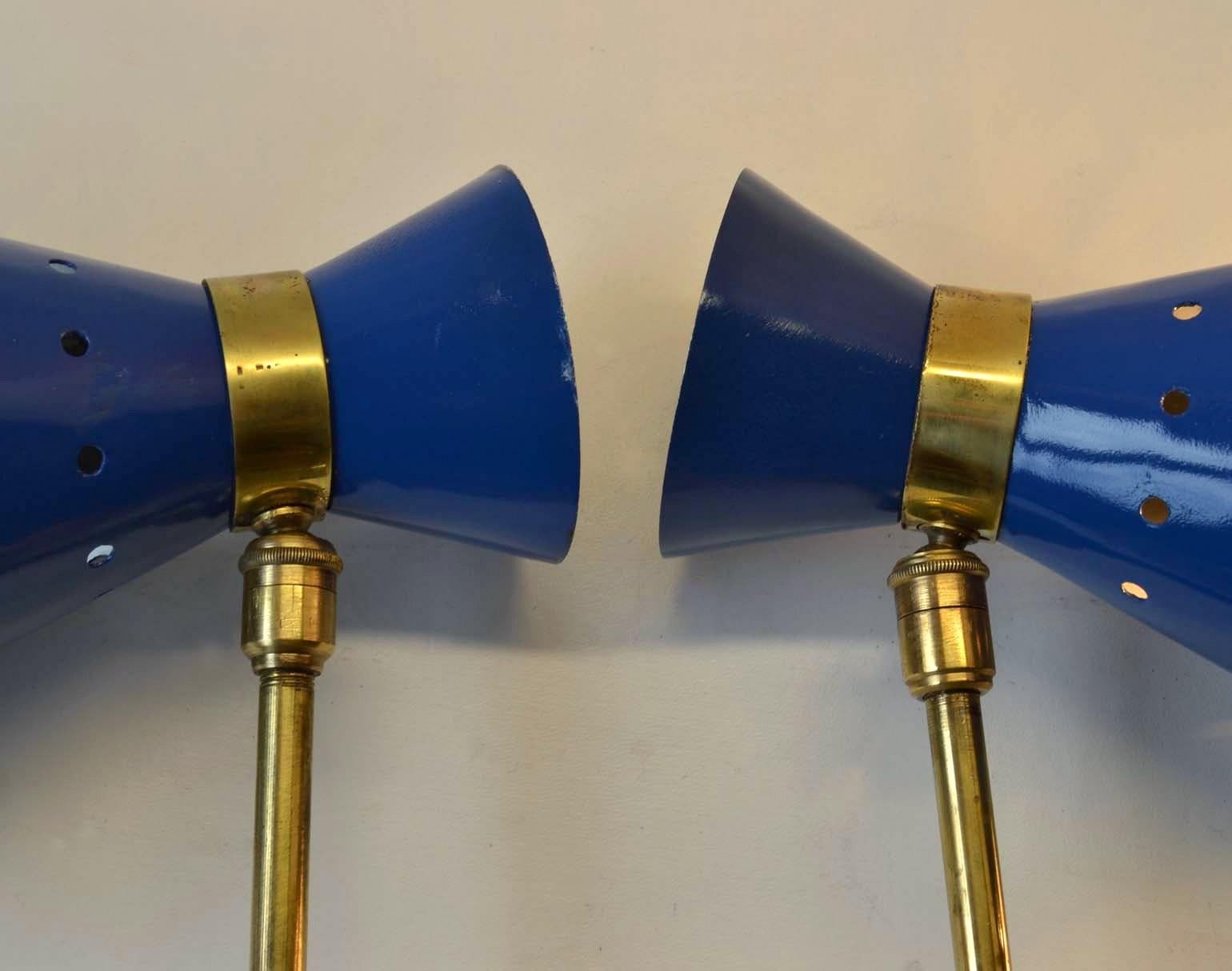 Pair of Blue & Brass Sconces Italy 1960's In Good Condition In London, GB