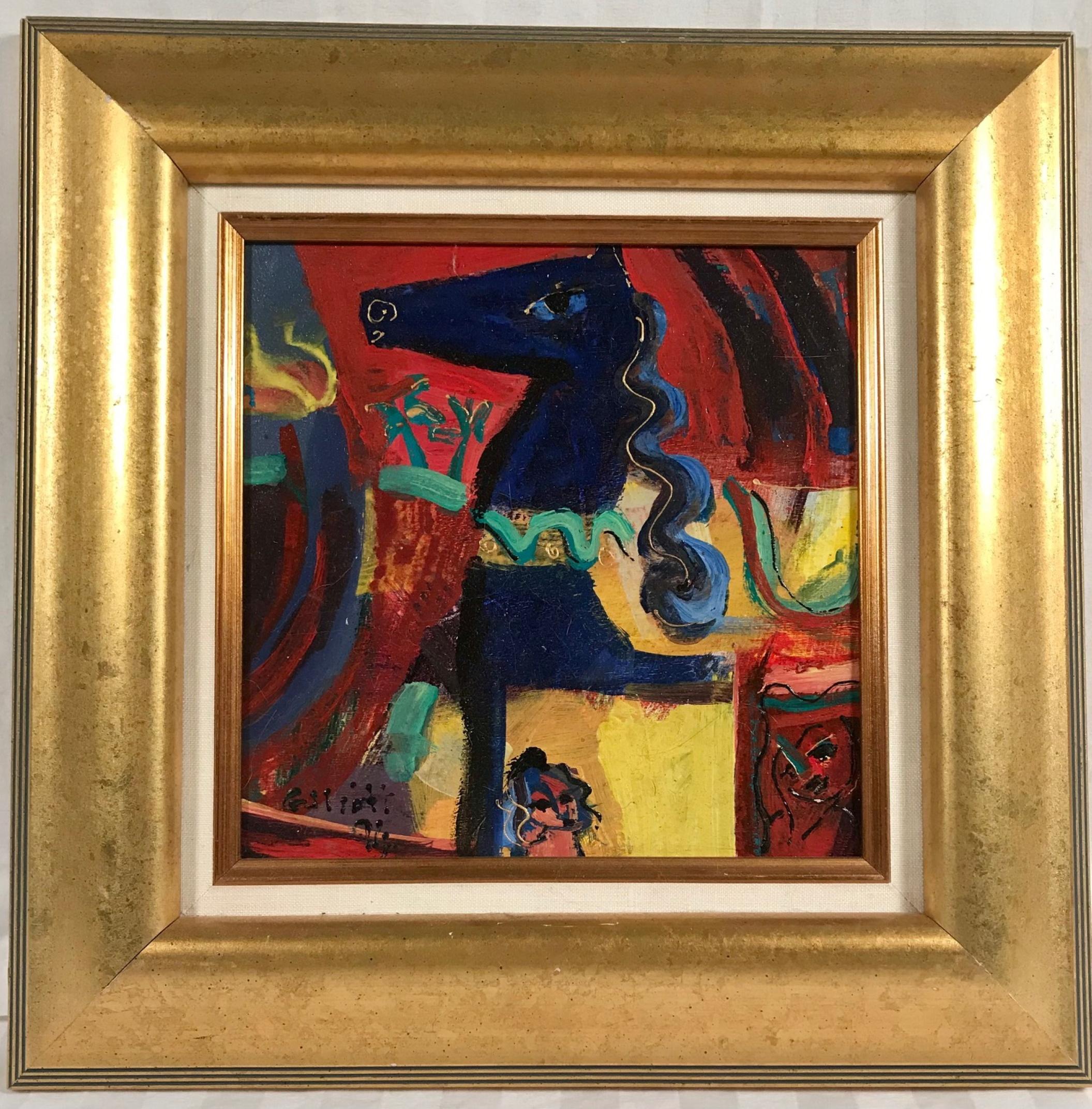 Vintage pair of paintings, original Mid-Century Modern expressionist surrealist oil on wood panel, signed

These expressionist paintings are executed in oil on wood panel. Both bright and rich color palettes are used to create many textured shapes
