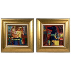 Pair of Original Paintings, Expressionist Surrealist Oil on Wood Panel, Signed