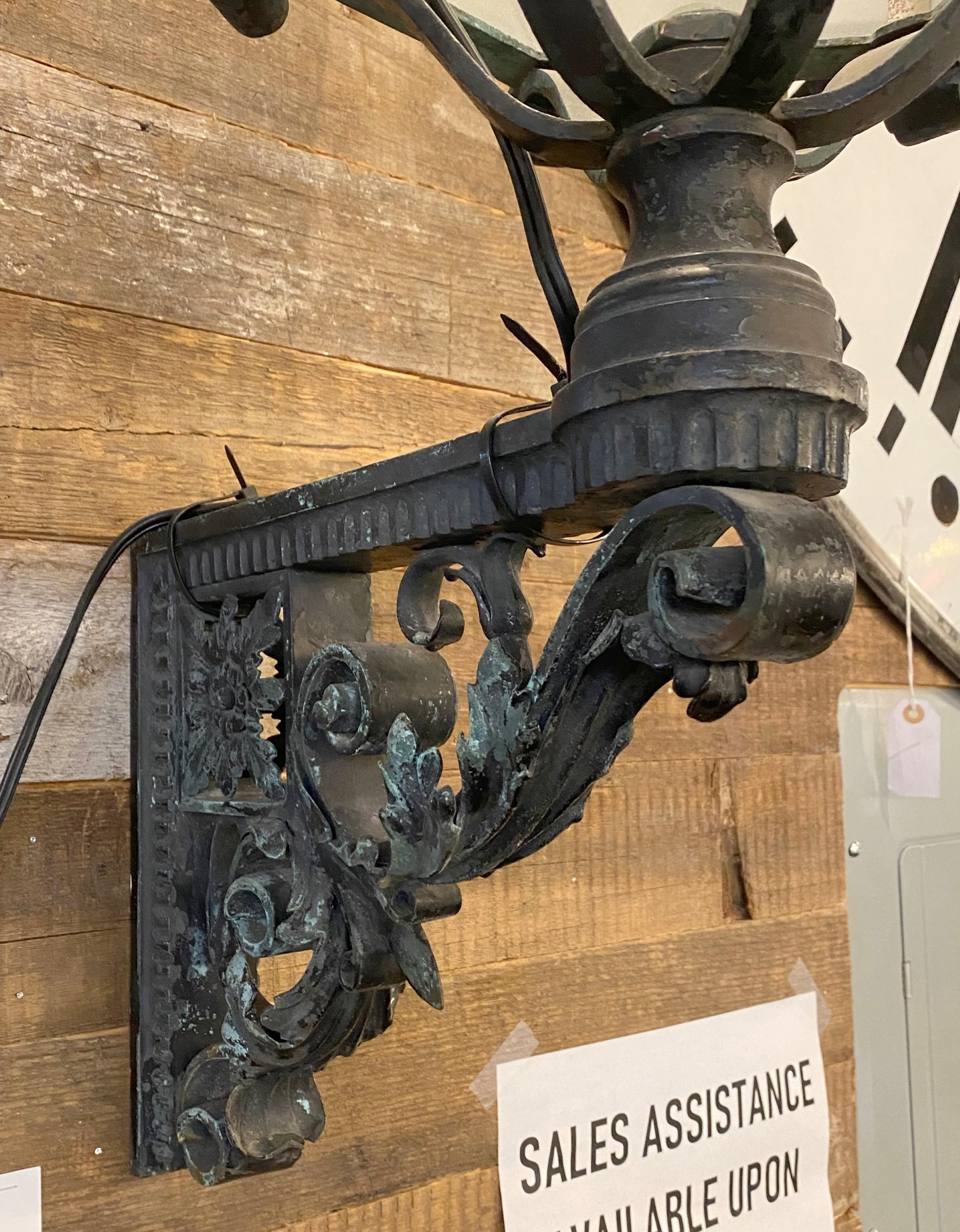 Pair Original Verdigris Bronze Exterior Gothic Sconces NYC For Sale 2