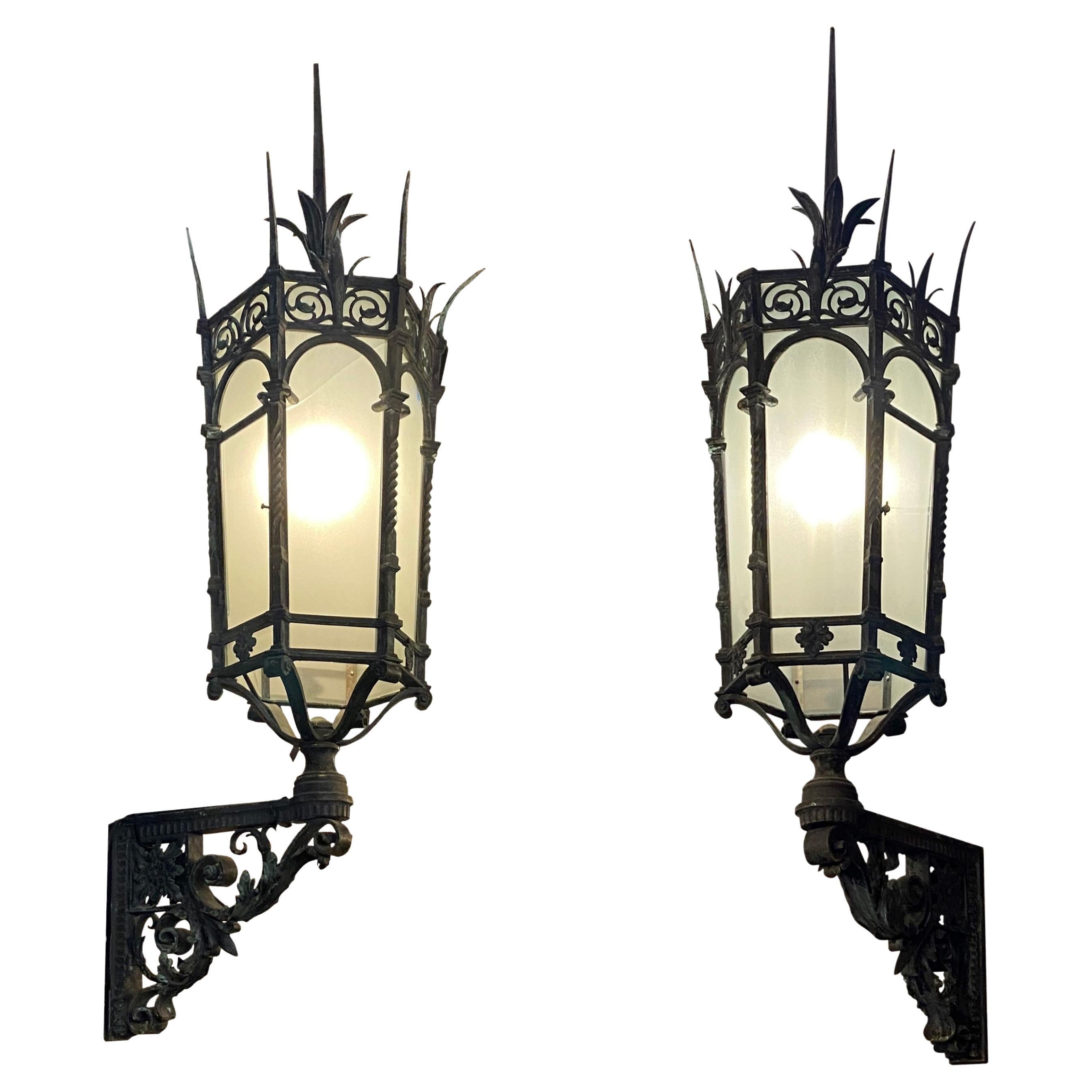 Pair Original Verdigris Bronze Exterior Gothic Sconces NYC For Sale