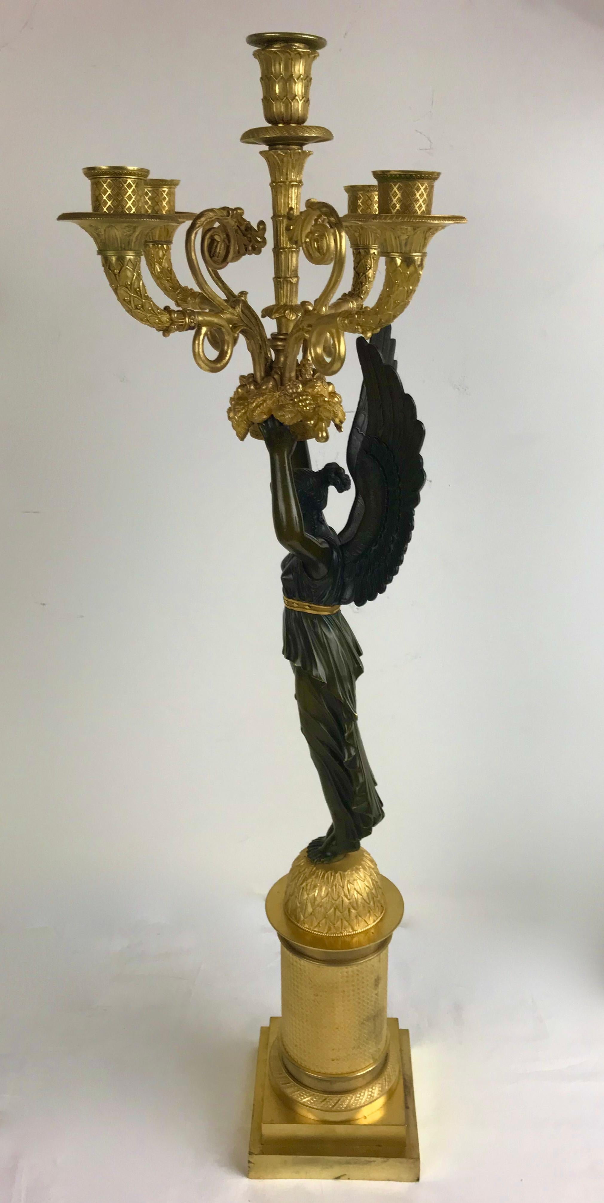 Pair Ormolu and Patinated Bronze Empire Figural Nike Candelabra Signed Meignan For Sale 4