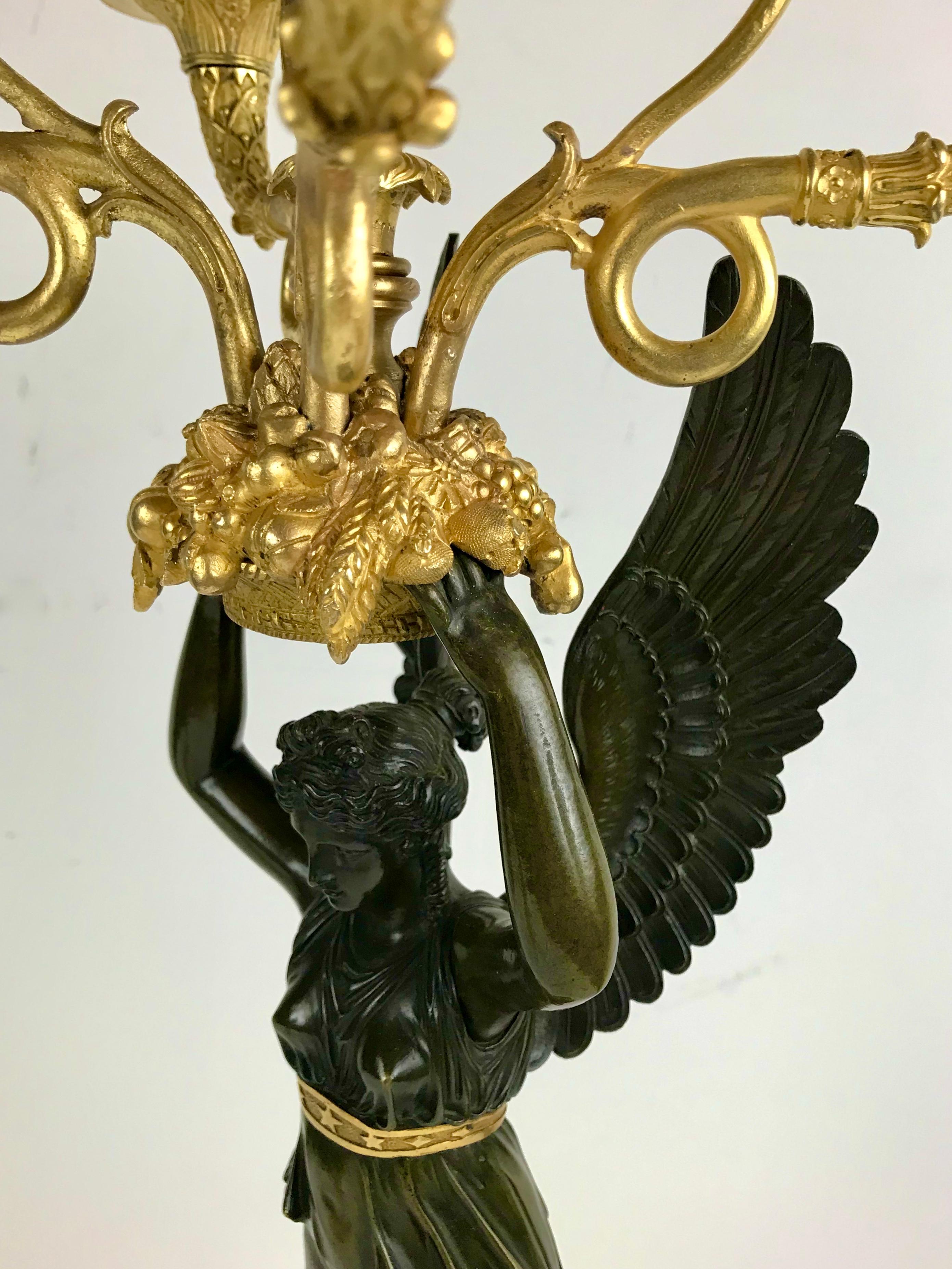Pair Ormolu and Patinated Bronze Empire Figural Nike Candelabra Signed Meignan For Sale 5