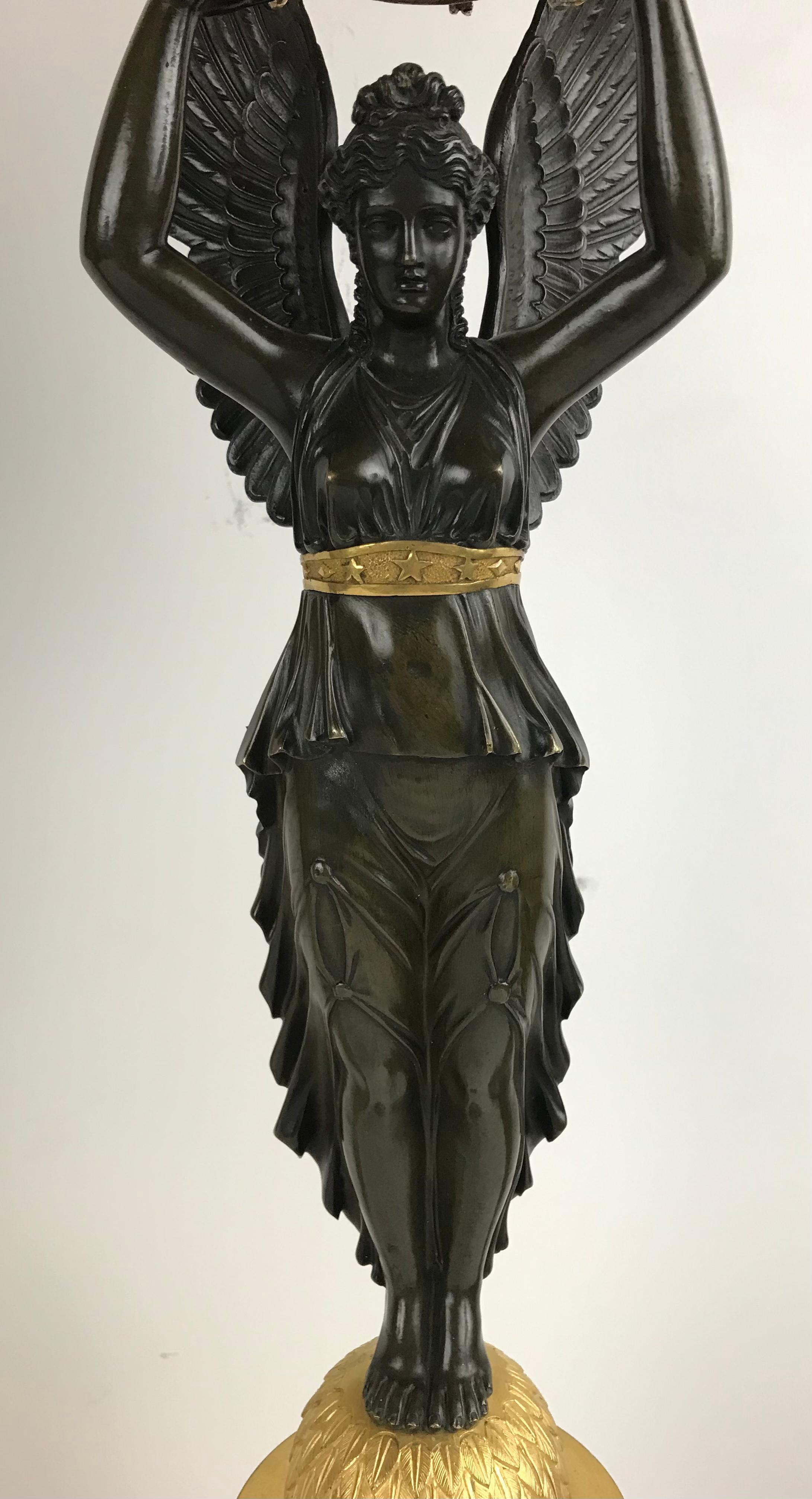 Pair Ormolu and Patinated Bronze Empire Figural Nike Candelabra Signed Meignan For Sale 6