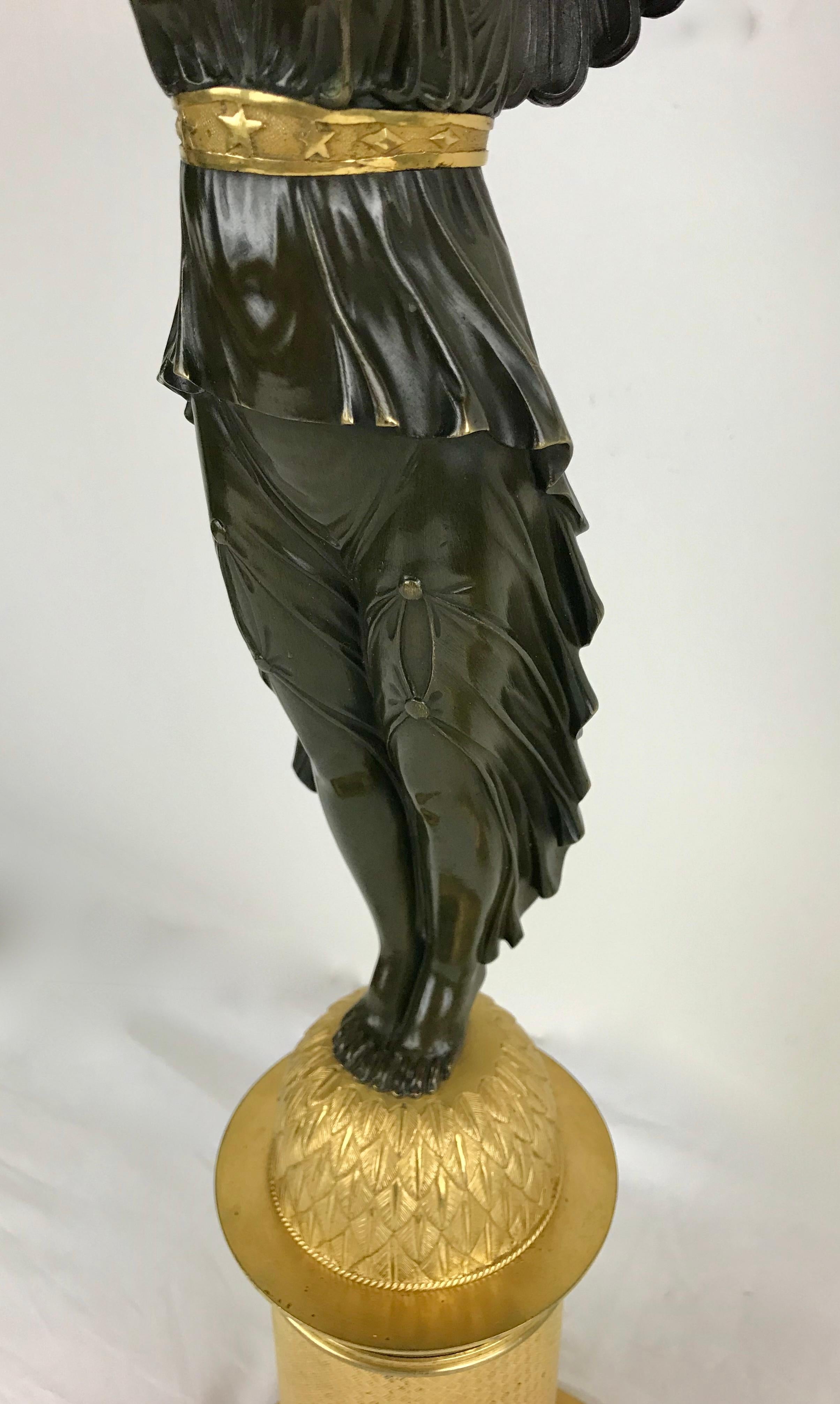 Pair Ormolu and Patinated Bronze Empire Figural Nike Candelabra Signed Meignan For Sale 7