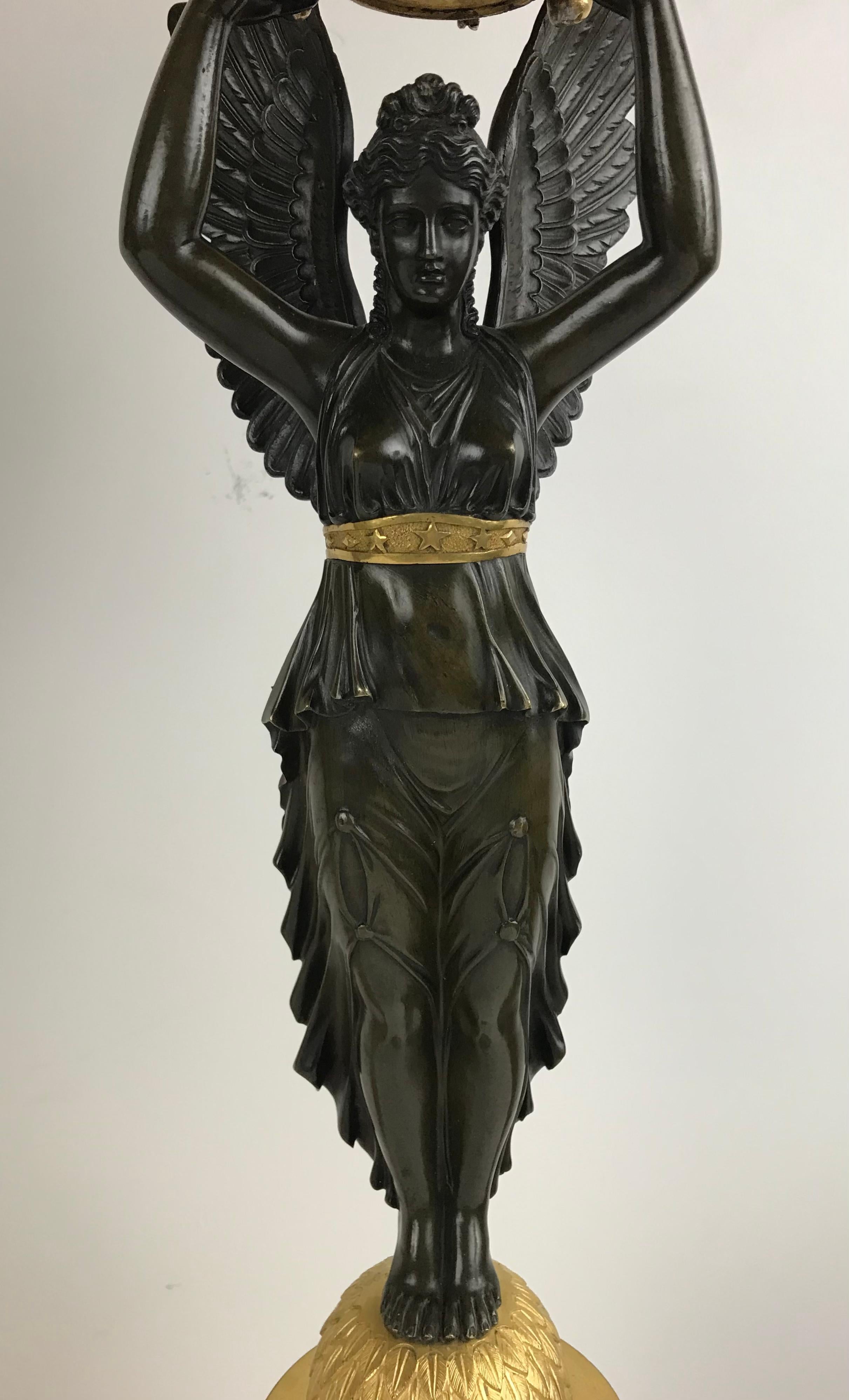 Pair Ormolu and Patinated Bronze Empire Figural Nike Candelabra Signed Meignan For Sale 8