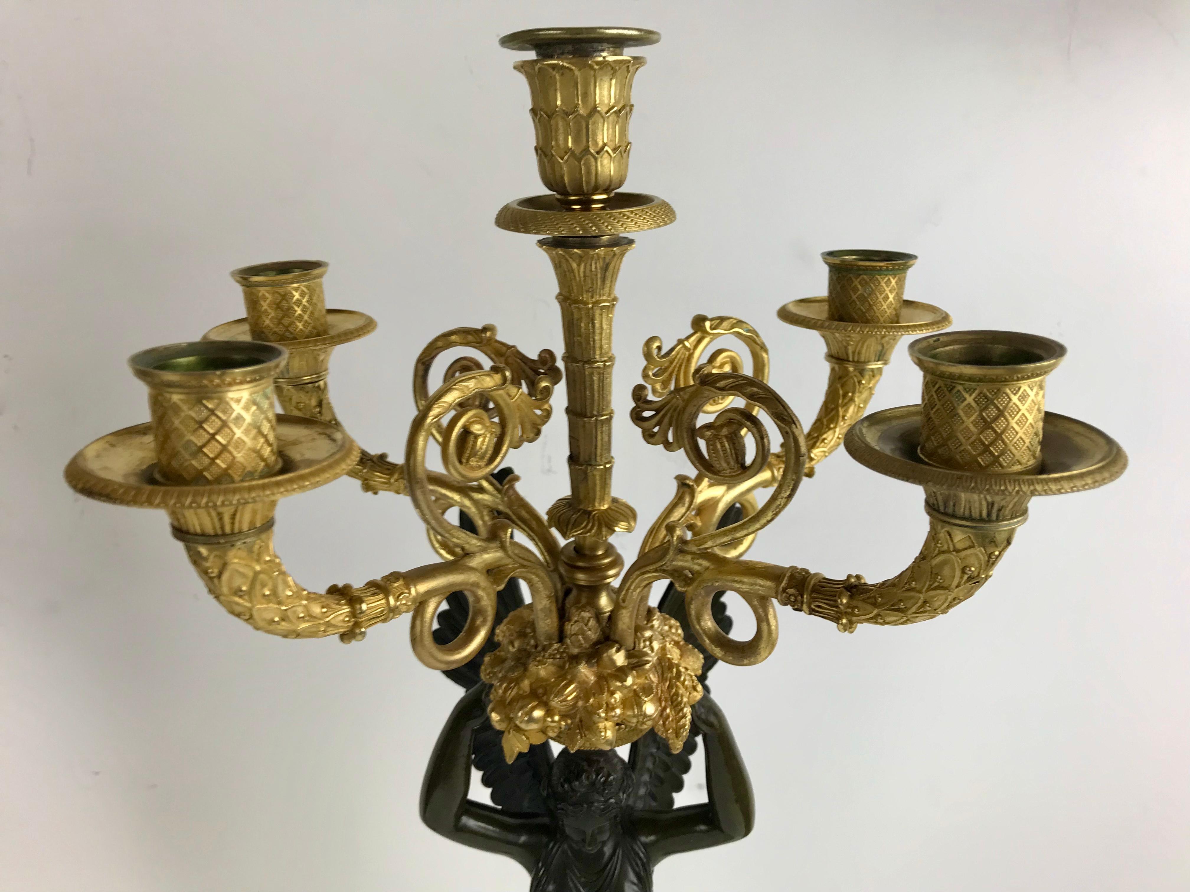 French Pair Ormolu and Patinated Bronze Empire Figural Nike Candelabra Signed Meignan For Sale