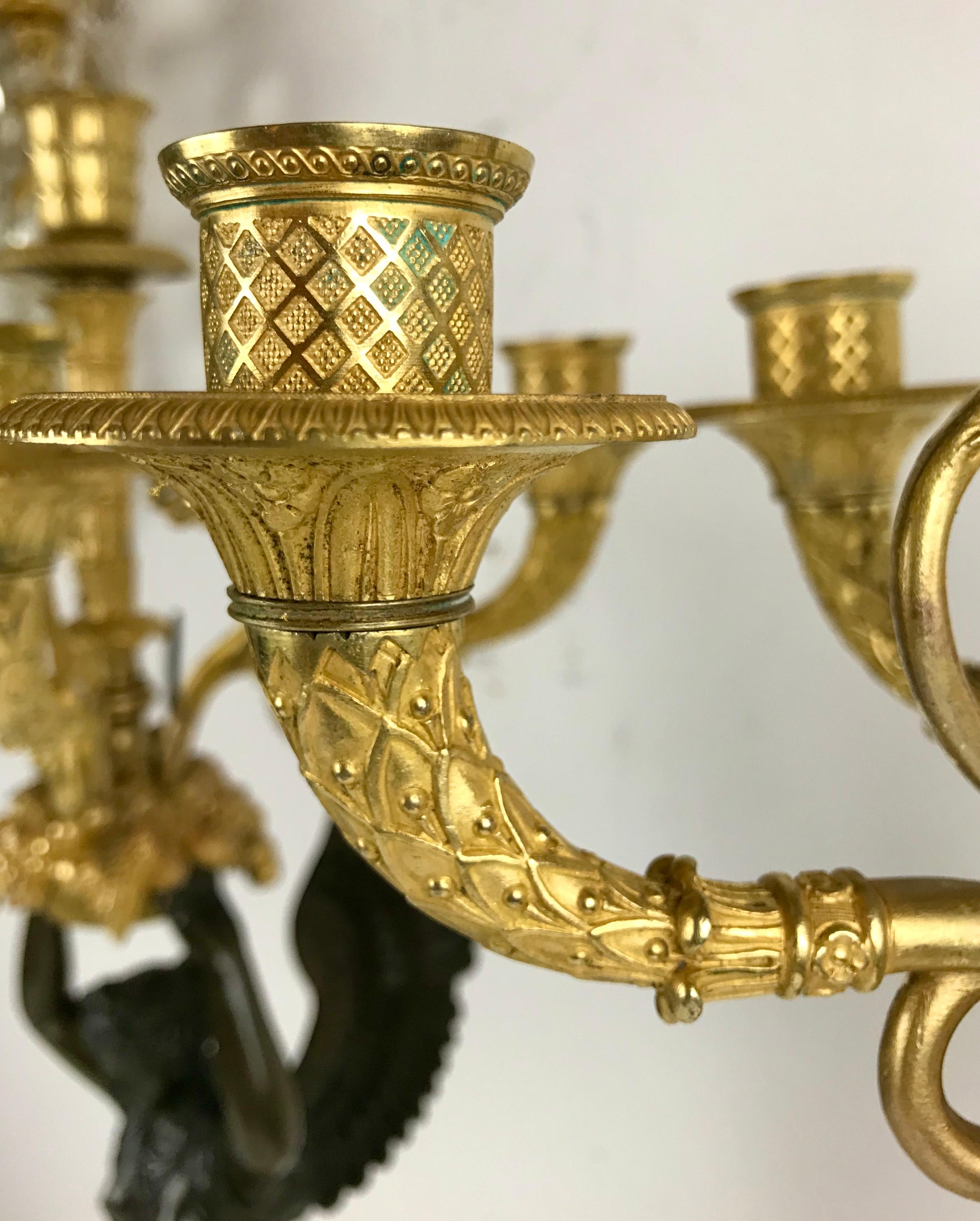 Pair Ormolu and Patinated Bronze Empire Figural Nike Candelabra Signed Meignan For Sale 3
