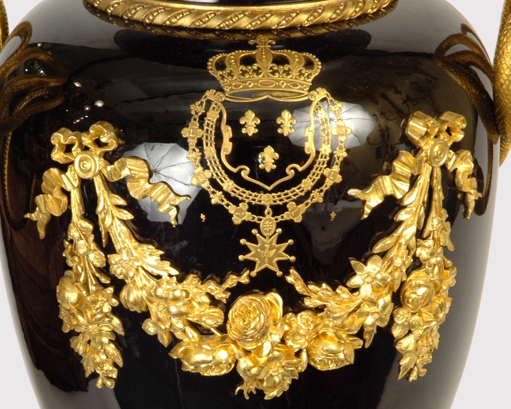 French Pair Ormolu Bronze Mounted Cobalt Blue Porcelain Urns in Sevres Louis XV Style For Sale