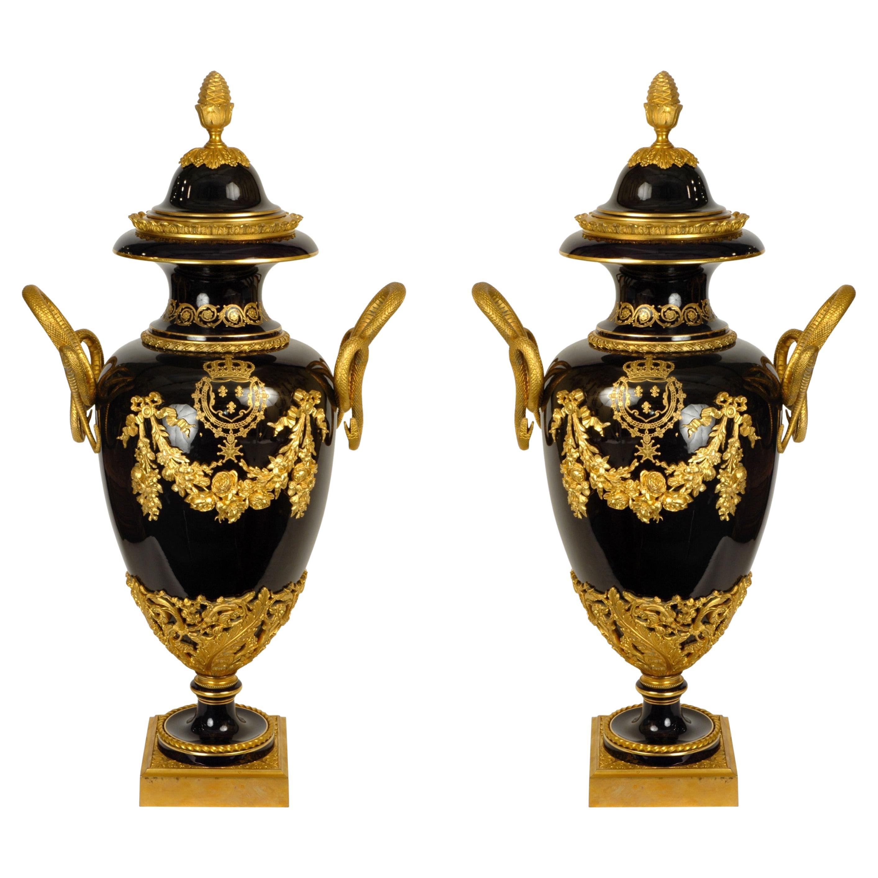 Pair Ormolu Bronze Mounted Cobalt Blue Porcelain Urns in Sevres Louis XV Style For Sale