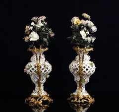 Pair Ormolu Mounted Meissen Porcelain Filigree Vases w/ Floral Bouquet, 1750's