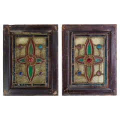 Pair Ornate Stained Glass Windows Gem Motif Design
