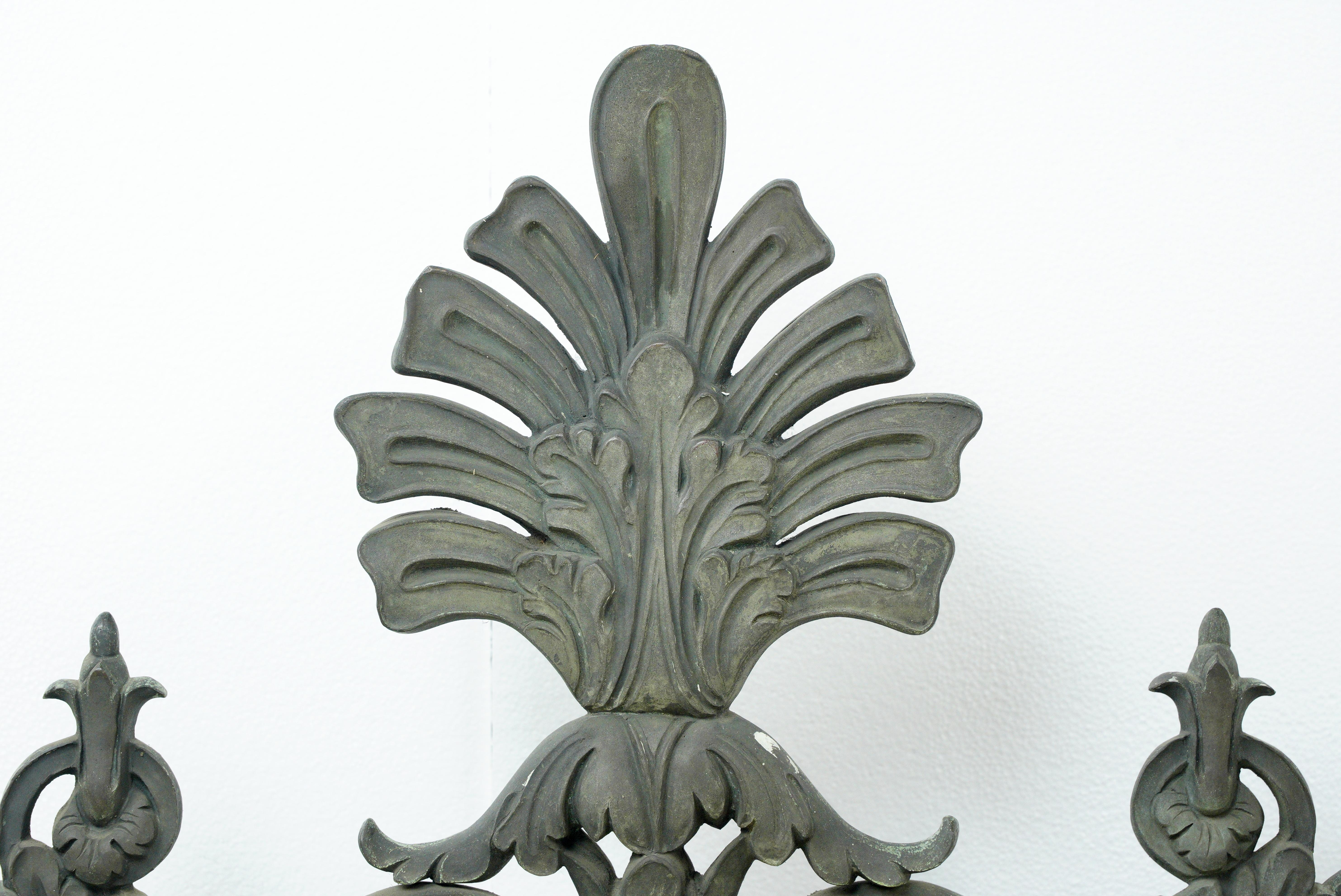 Pair Ornate Verdigris Cast Bronze Architectural Pediments In Good Condition For Sale In New York, NY