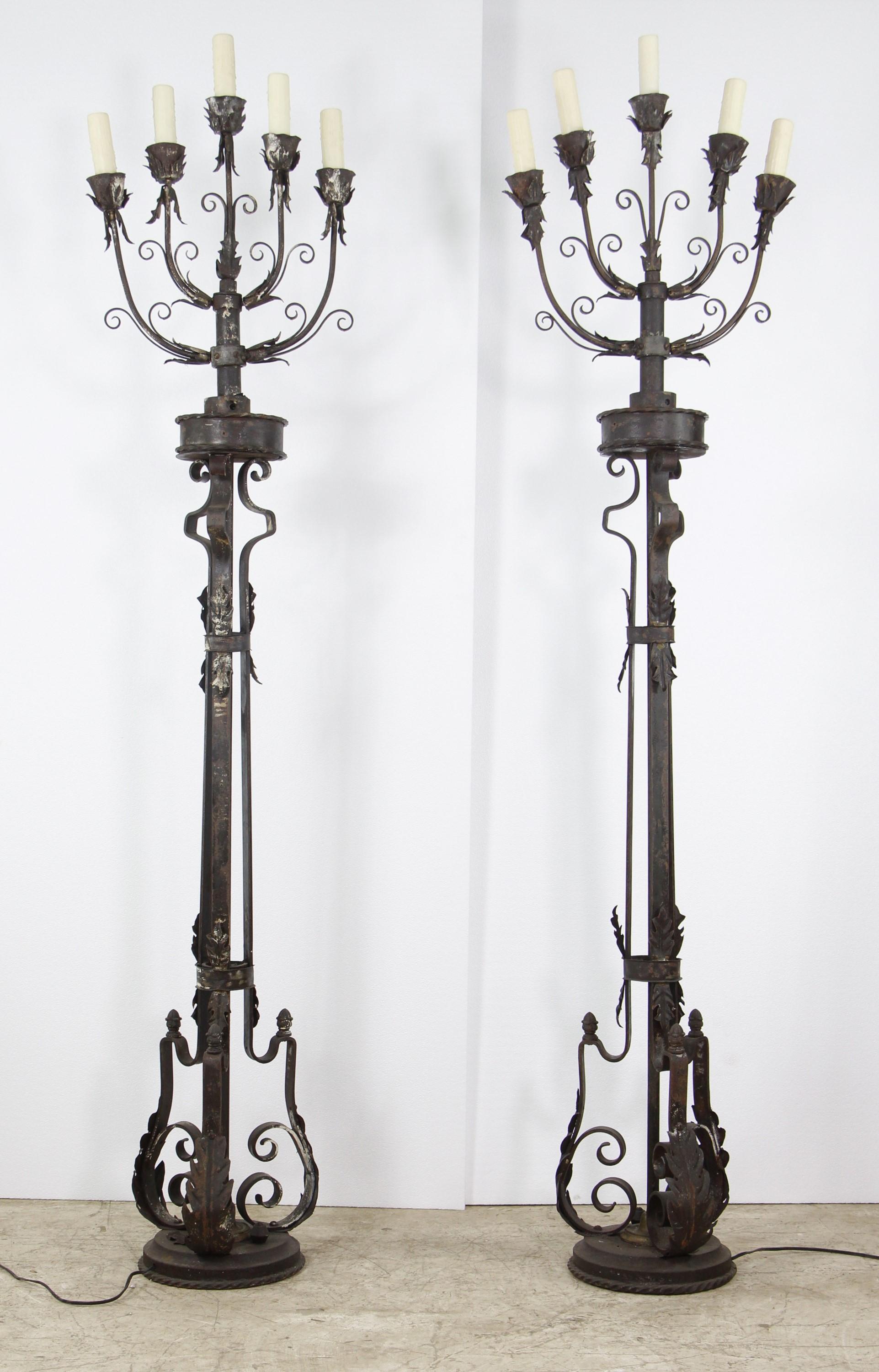 Pair Ornate Wrought Iron 5 Light Candelabra Floor Lamps 5